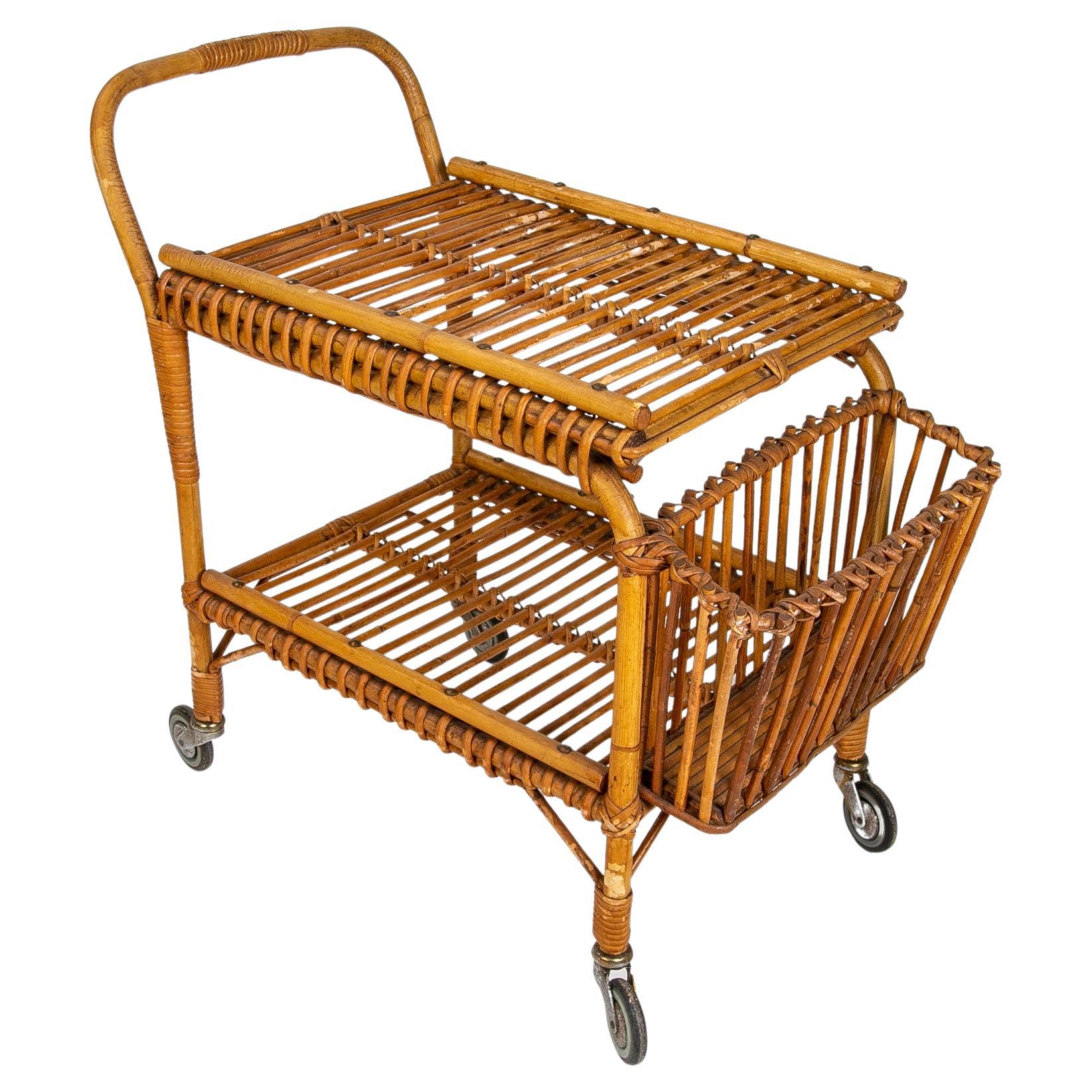 1970s Spanish Bamboo Drinks Trolley with Wheels  For Sale