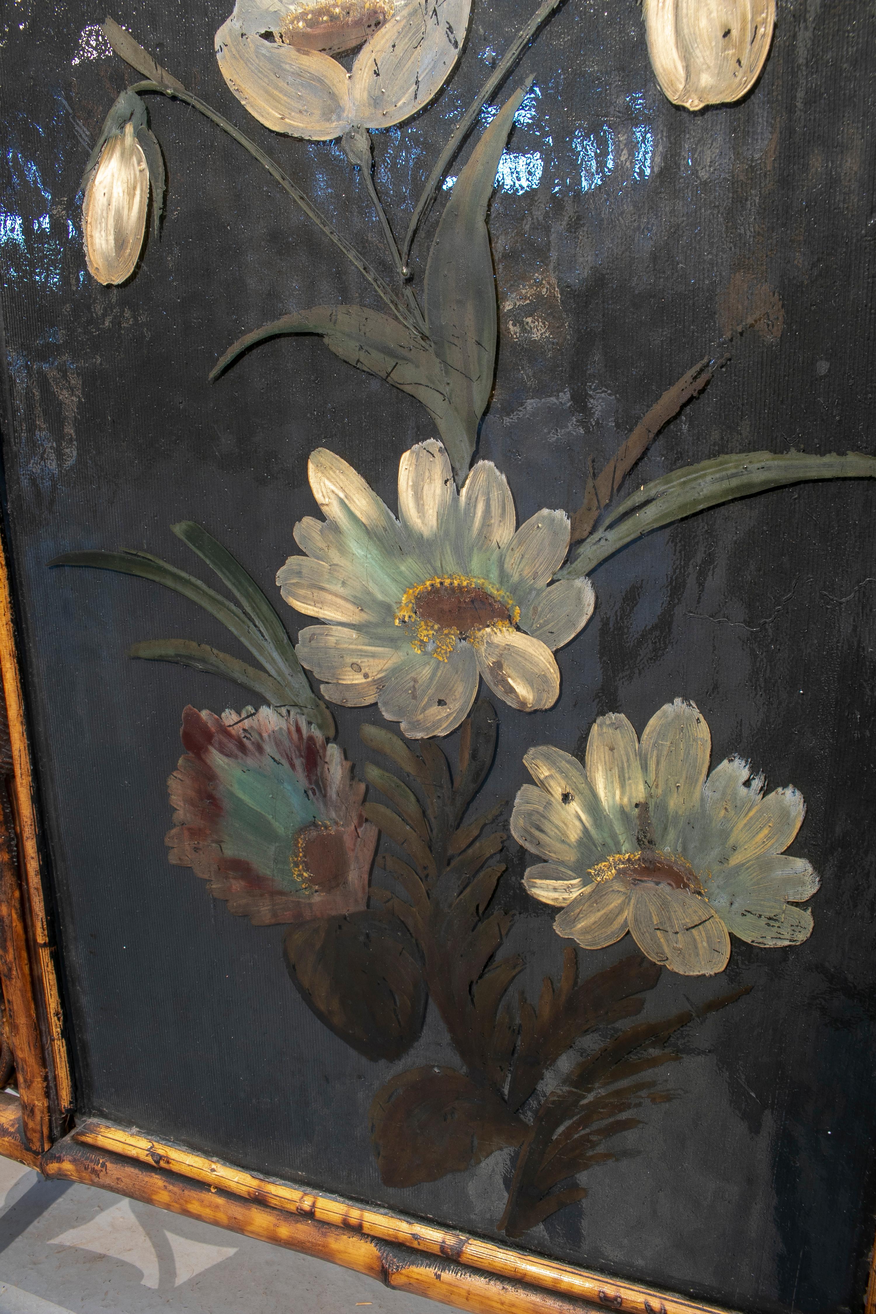 1970s Spanish Bamboo Fire Screen with Flower Painting 5