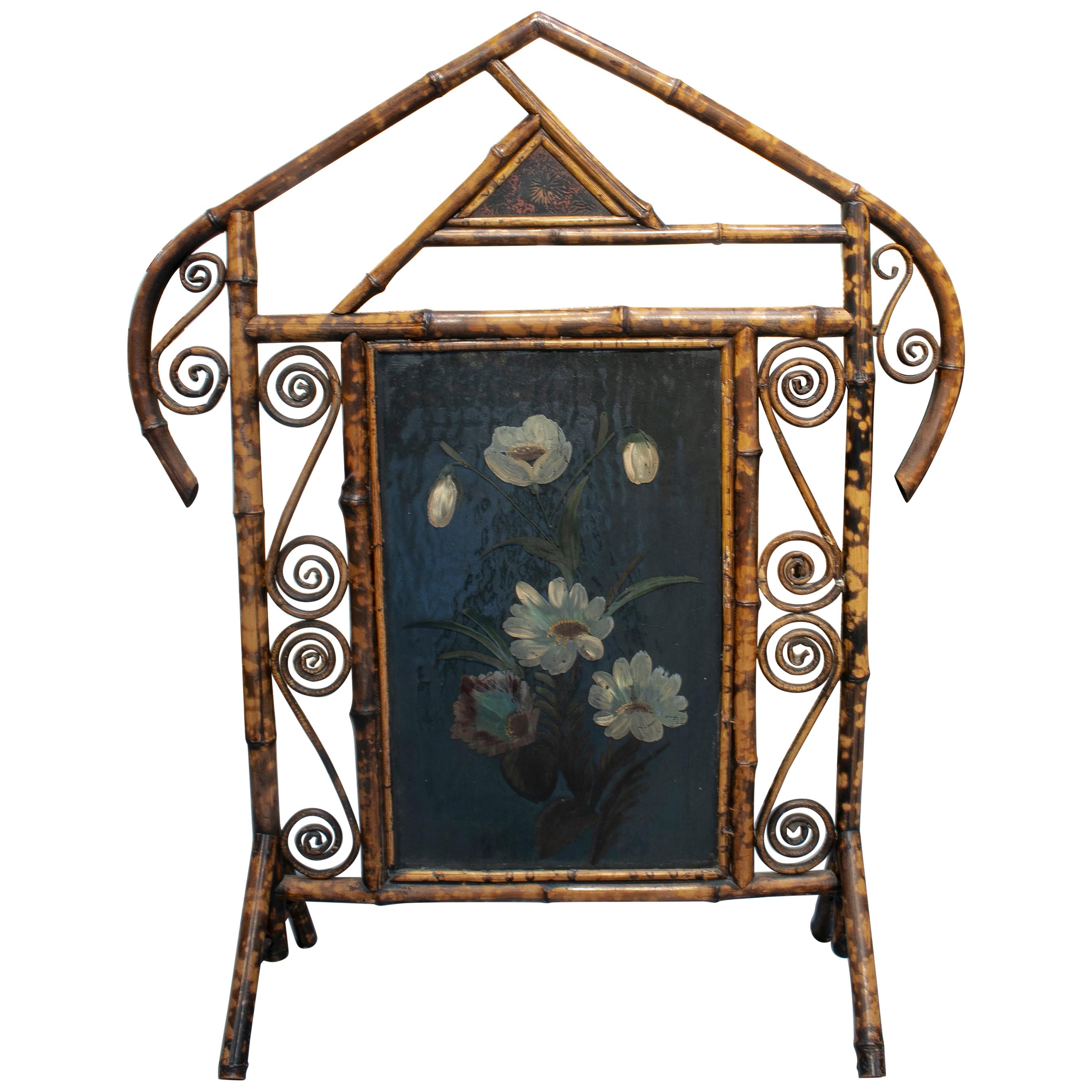 1970s Spanish Bamboo Fire Screen with Flower Painting