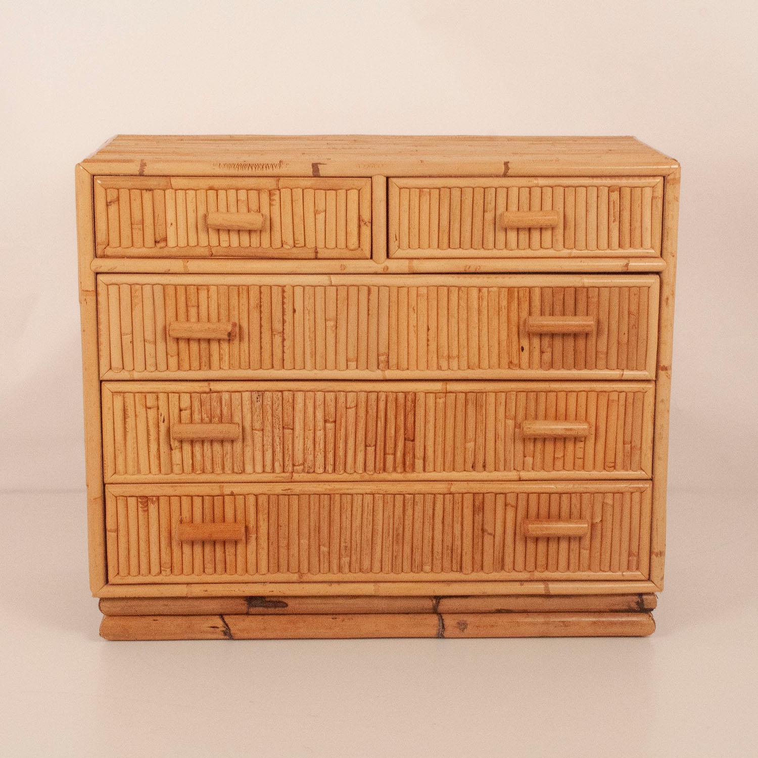 1970s Spanish bamboo five-drawer chest. Nice size. 
Can also be used as a nightstand.