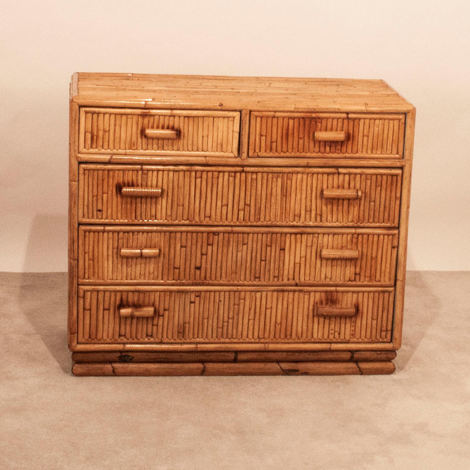 1970s Spanish Bamboo Five-Drawer Chest In Good Condition In Barcelona, Cataluna