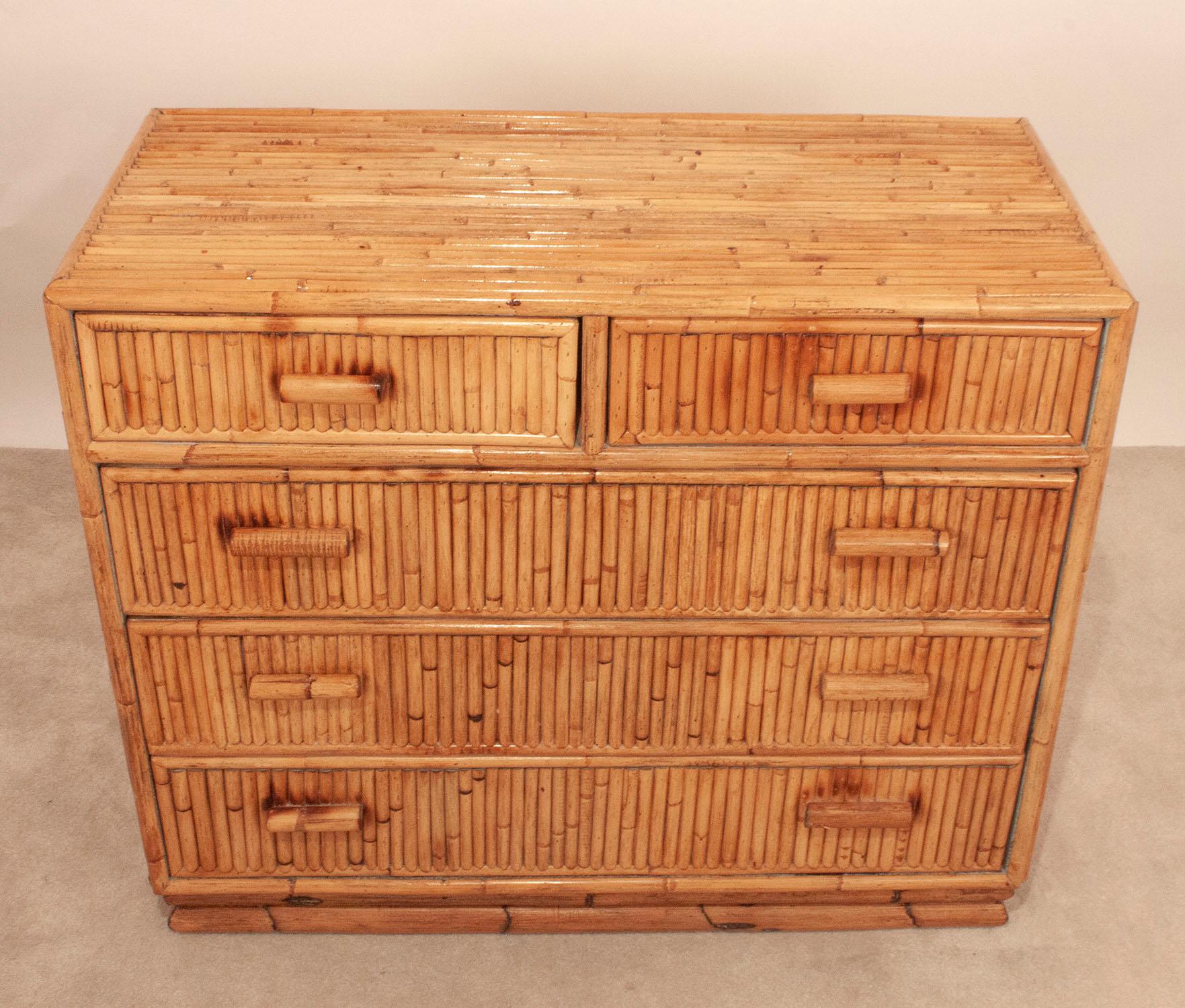 Late 20th Century 1970s Spanish Bamboo Five-Drawer Chest