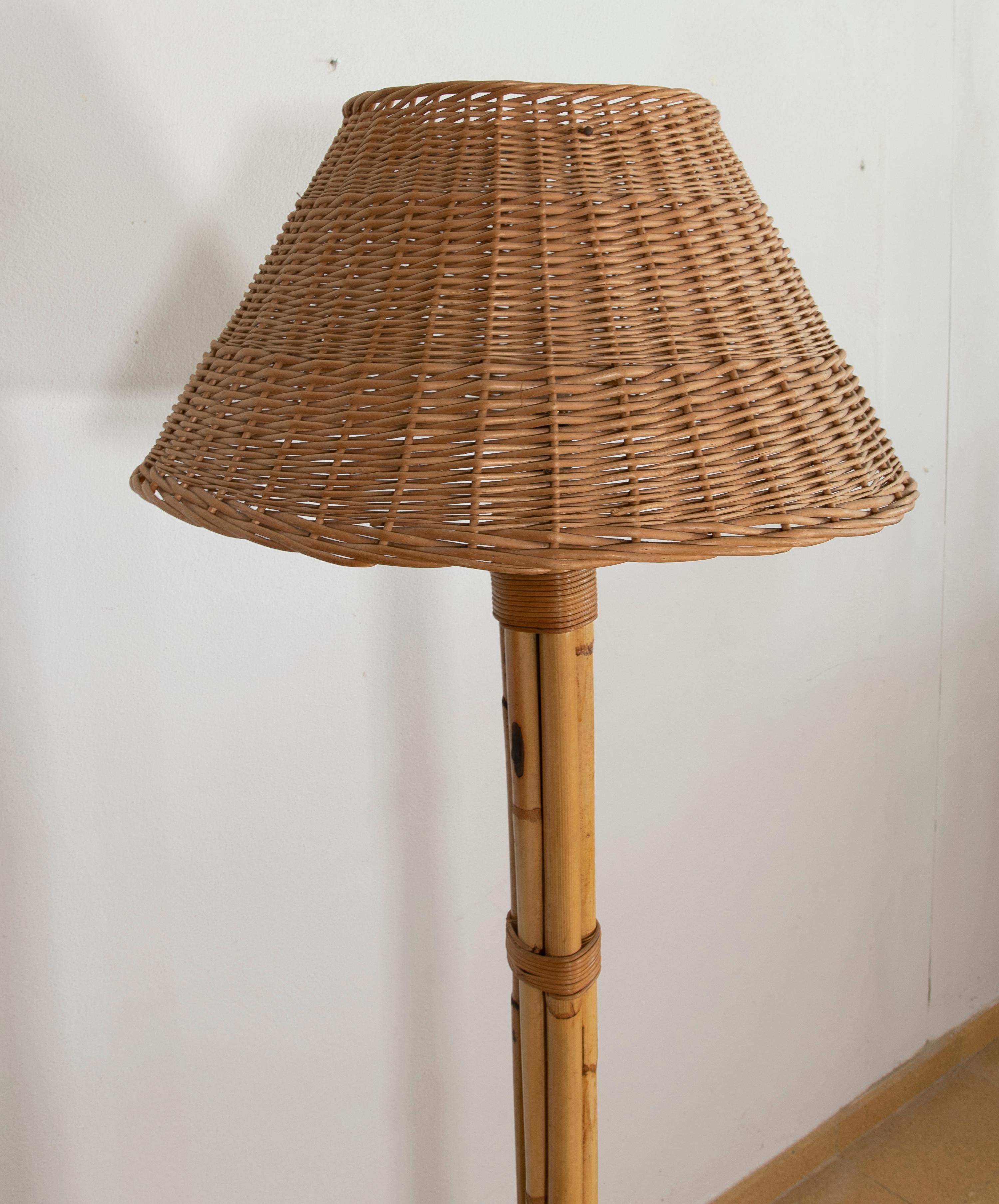 1970s, Spanish Bamboo Floor Lamp with Wicker Lampshade  2