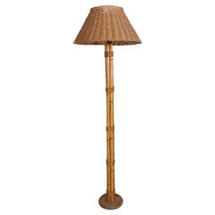 1970s, Spanish Bamboo Floor Lamp with Wicker Lampshade