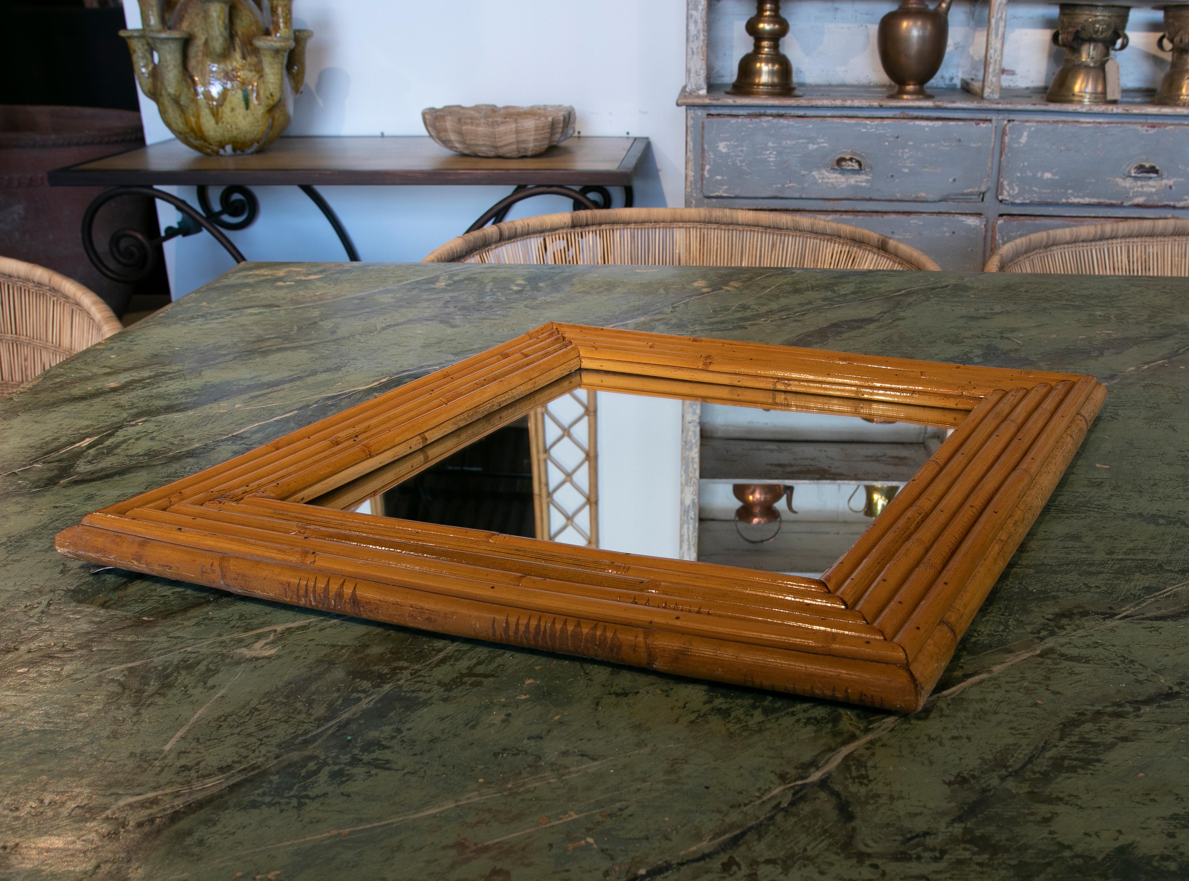 1970S Spanish Bamboo Mirror with Rhombus Shape Handmade In Good Condition For Sale In Marbella, ES