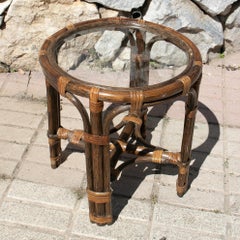 1970s Spanish Bamboo Round Side Table w/ Glass Top