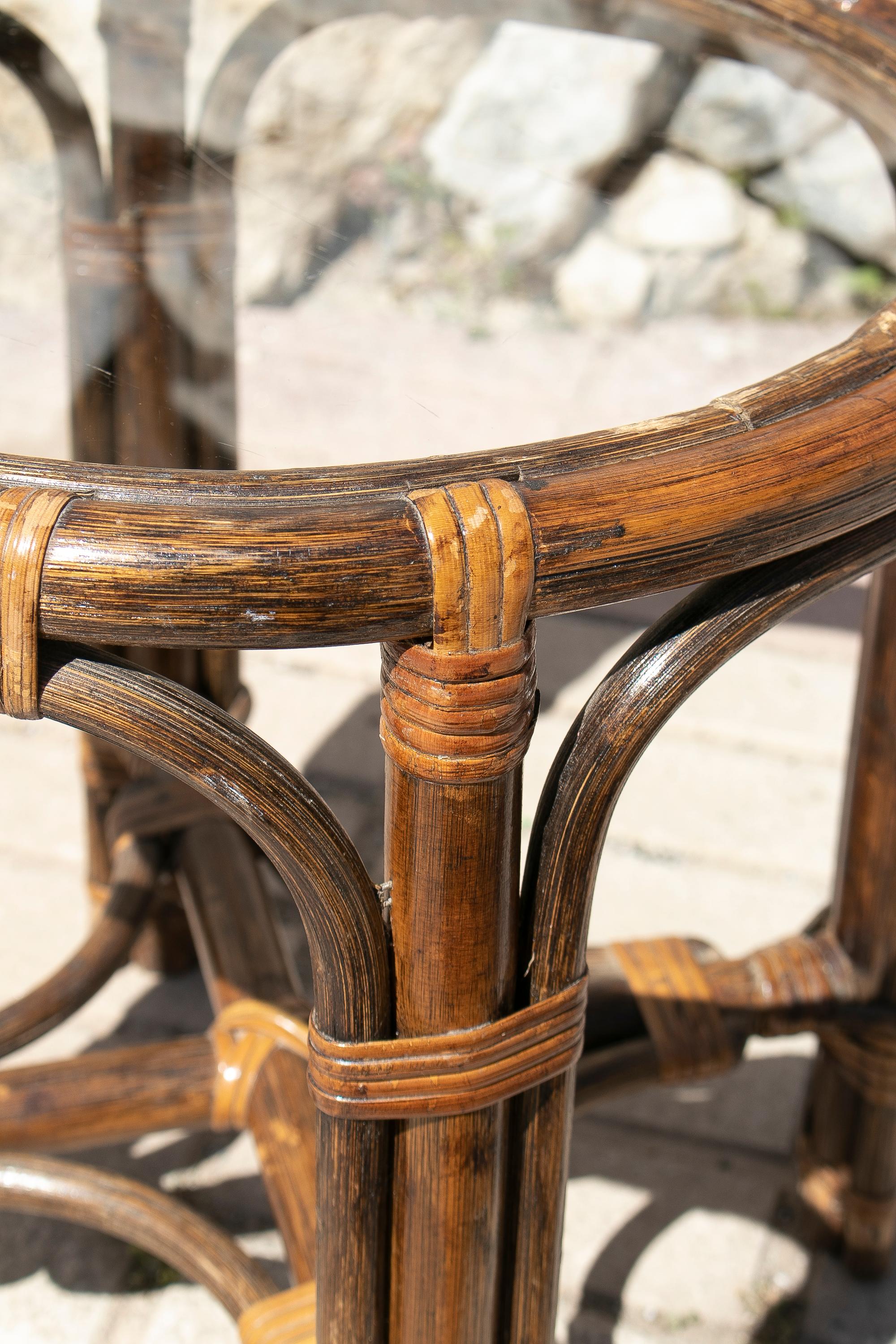 1970s Spanish Bamboo Round Side Table w/ Glass Top For Sale 1