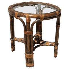 Used 1970s Spanish Bamboo Round Side Table w/ Glass Top