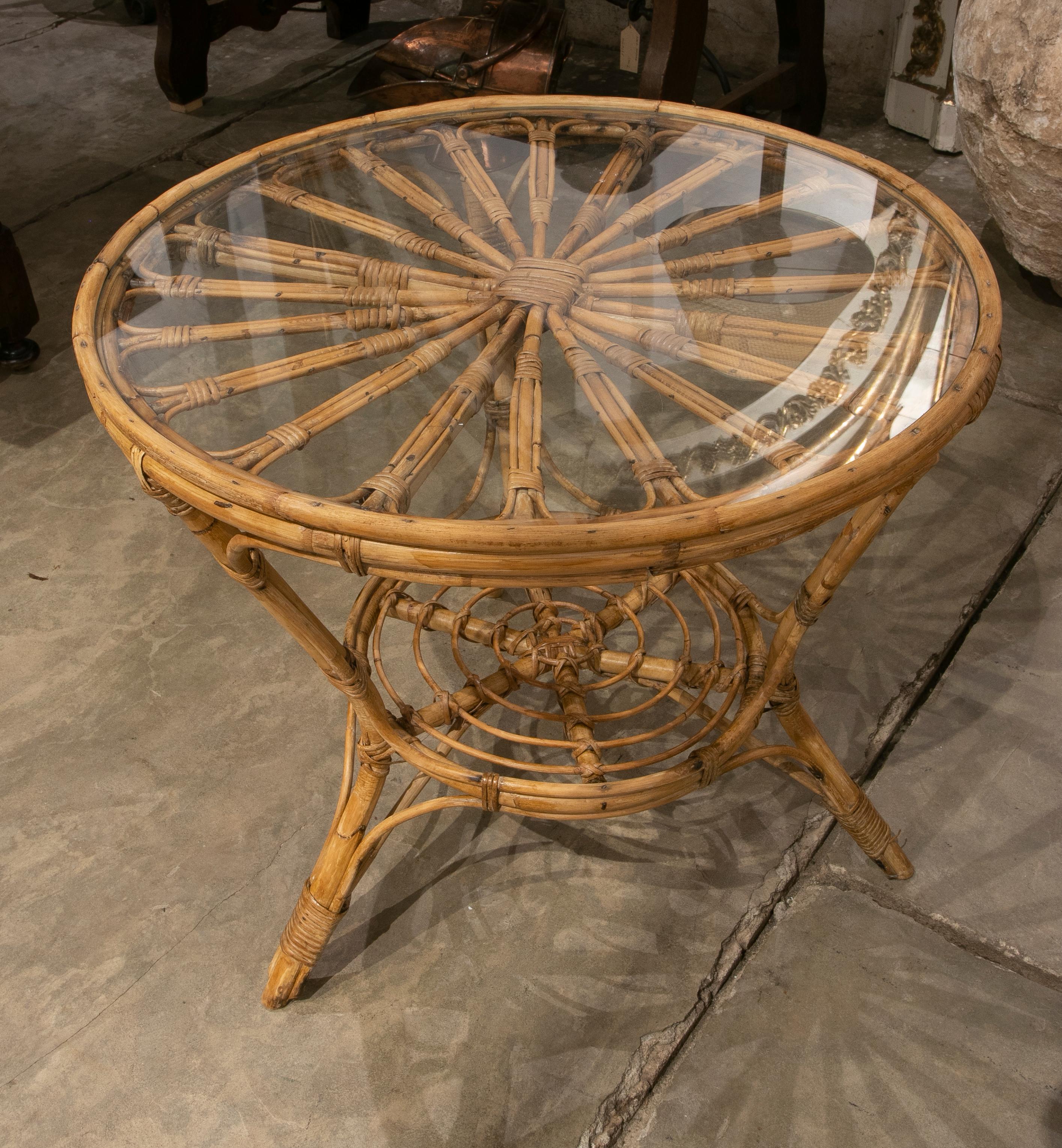 20th Century 1970s, Spanish Bamboo Side Table with Glass Top For Sale