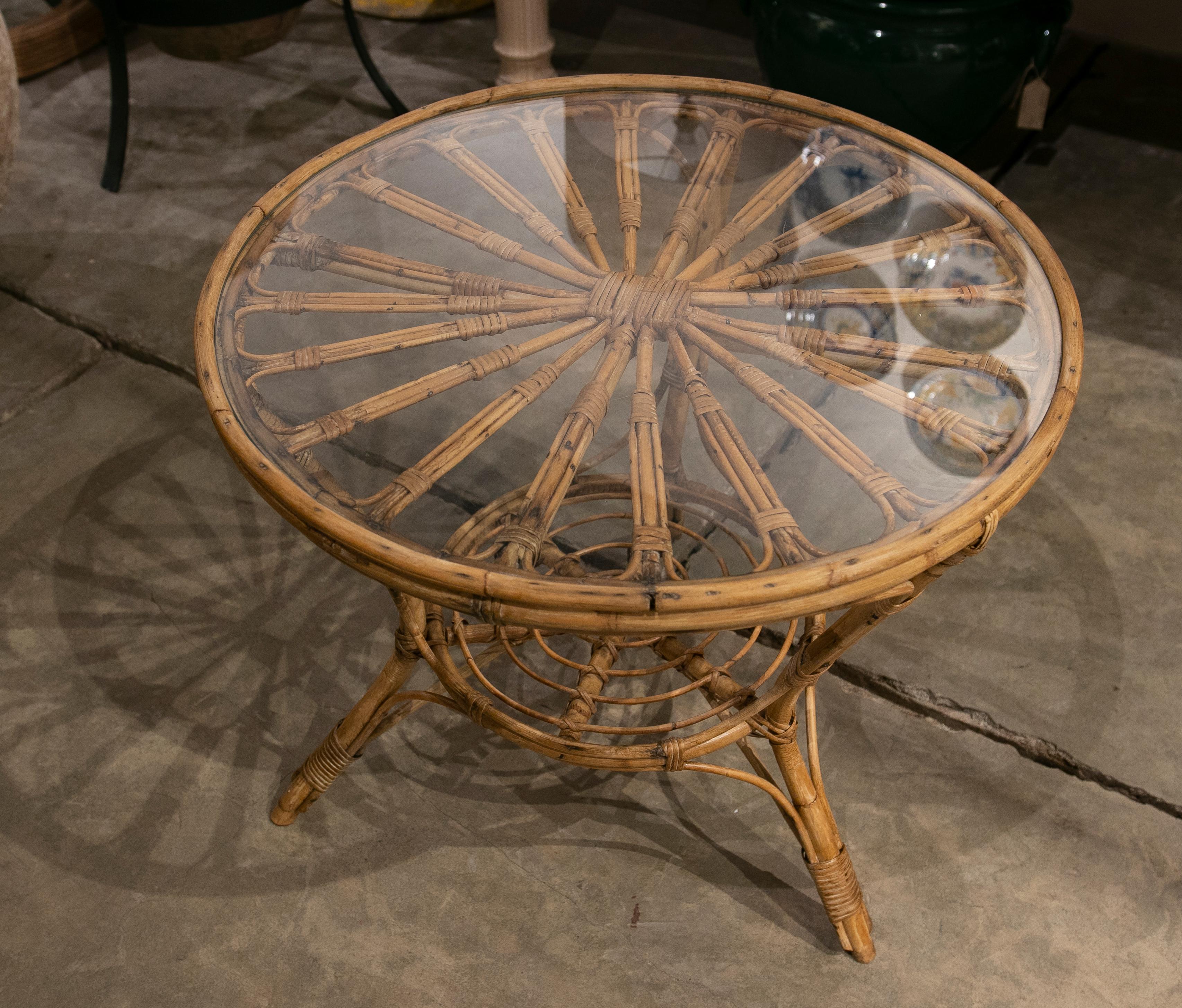 1970s, Spanish Bamboo Side Table with Glass Top For Sale 2