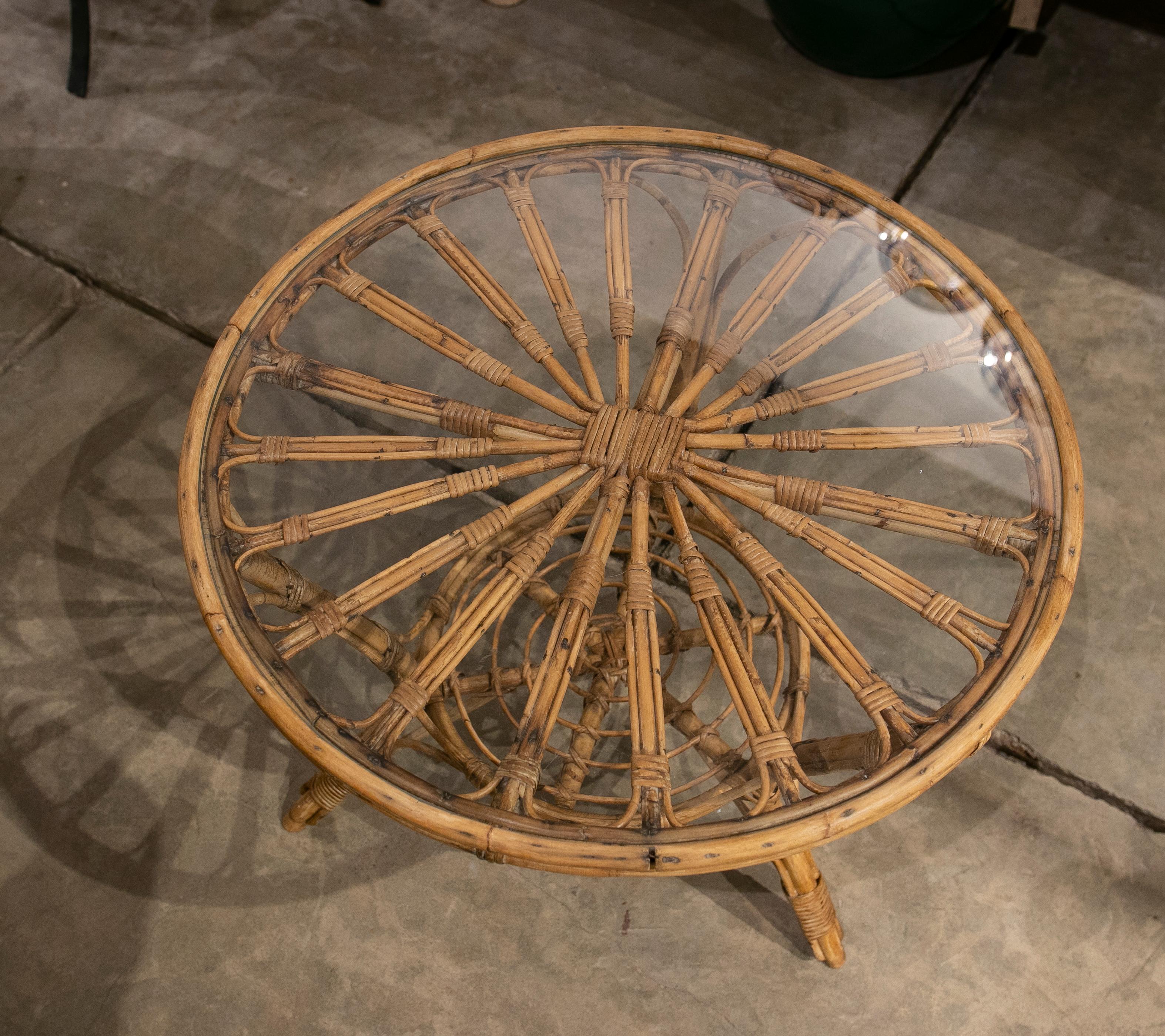1970s, Spanish Bamboo Side Table with Glass Top For Sale 3