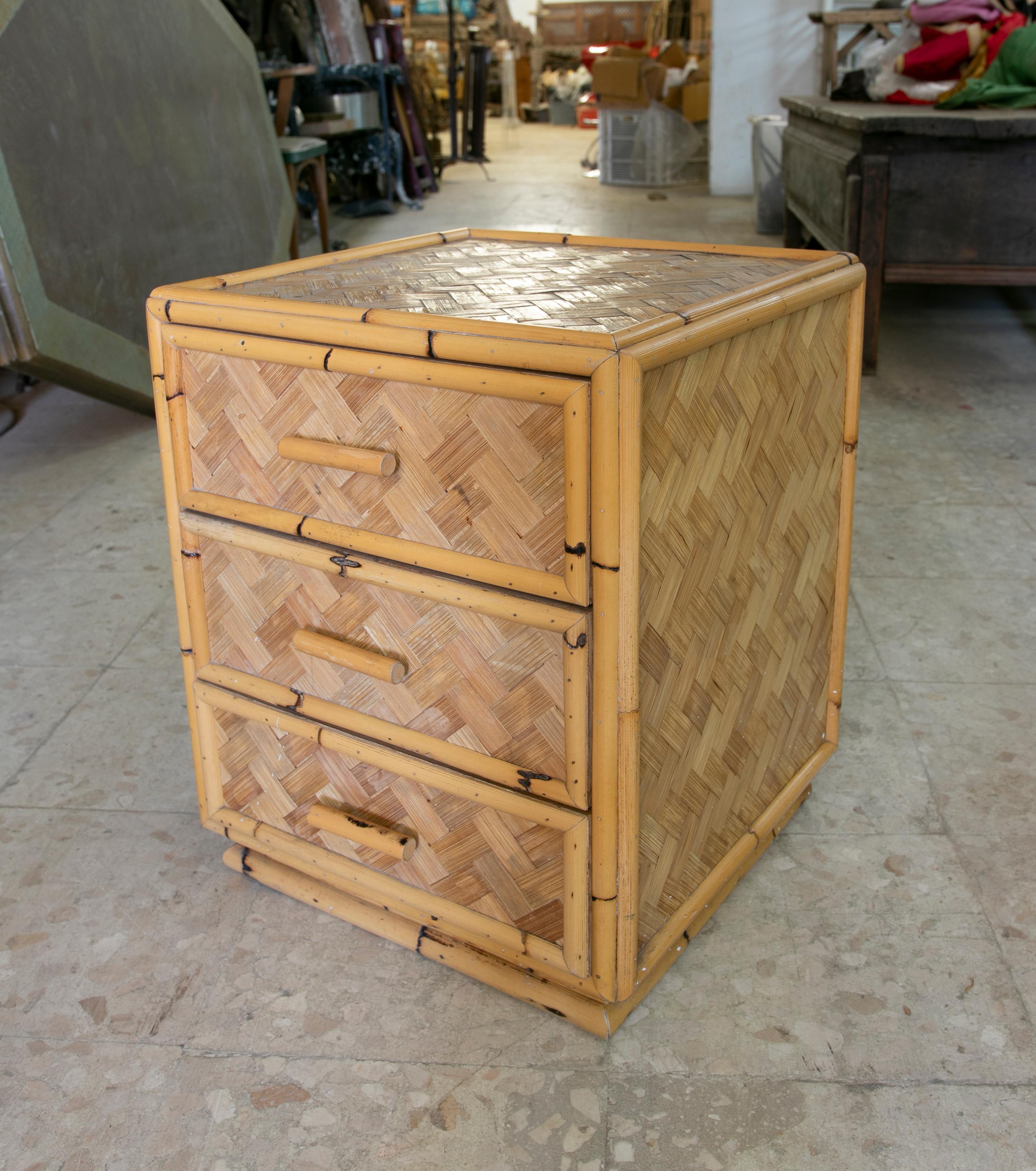 20th Century 1970s Spanish Bamboo Sidetable with Three Drawers For Sale