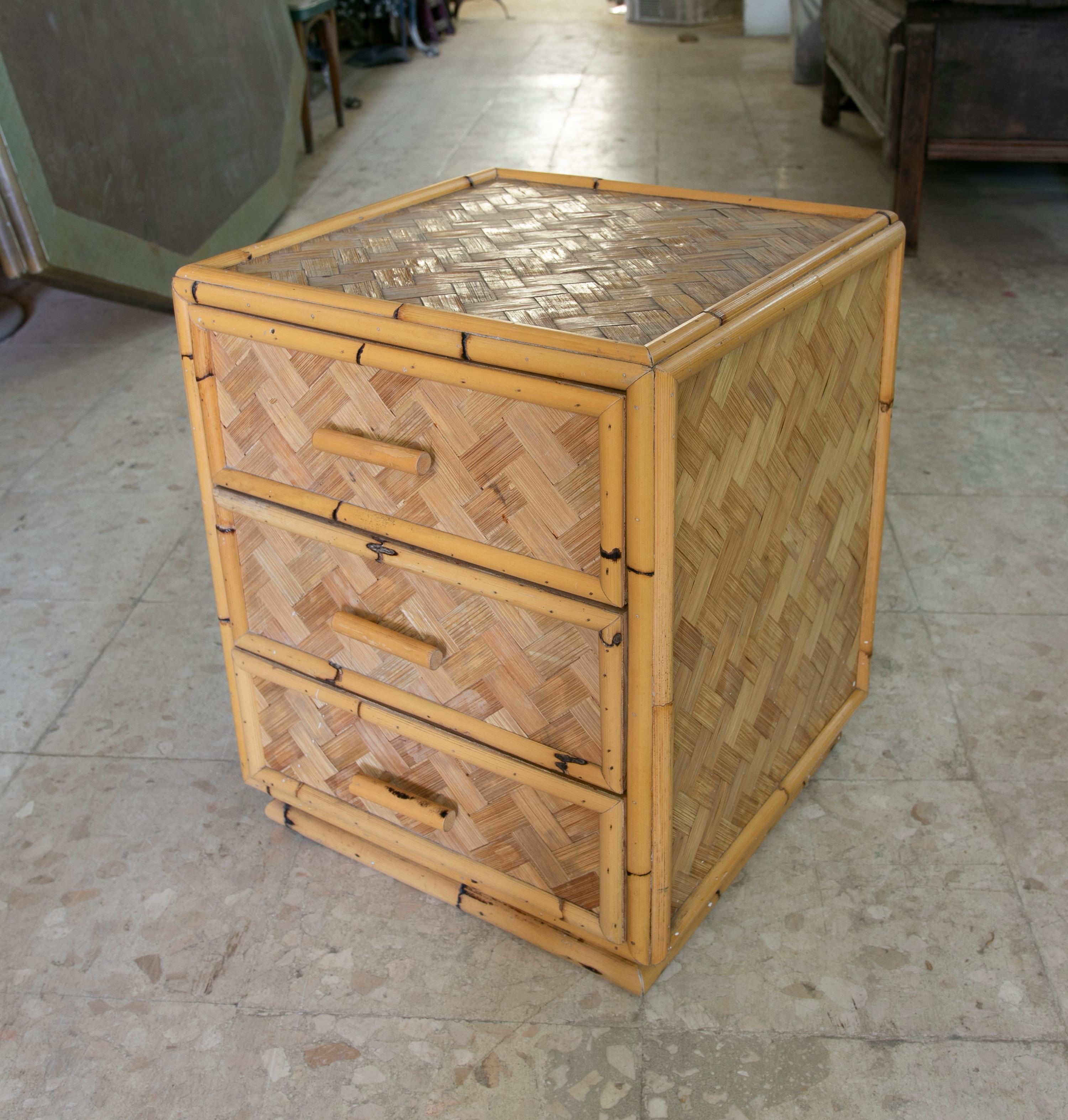 1970s Spanish Bamboo Sidetable with Three Drawers For Sale 1