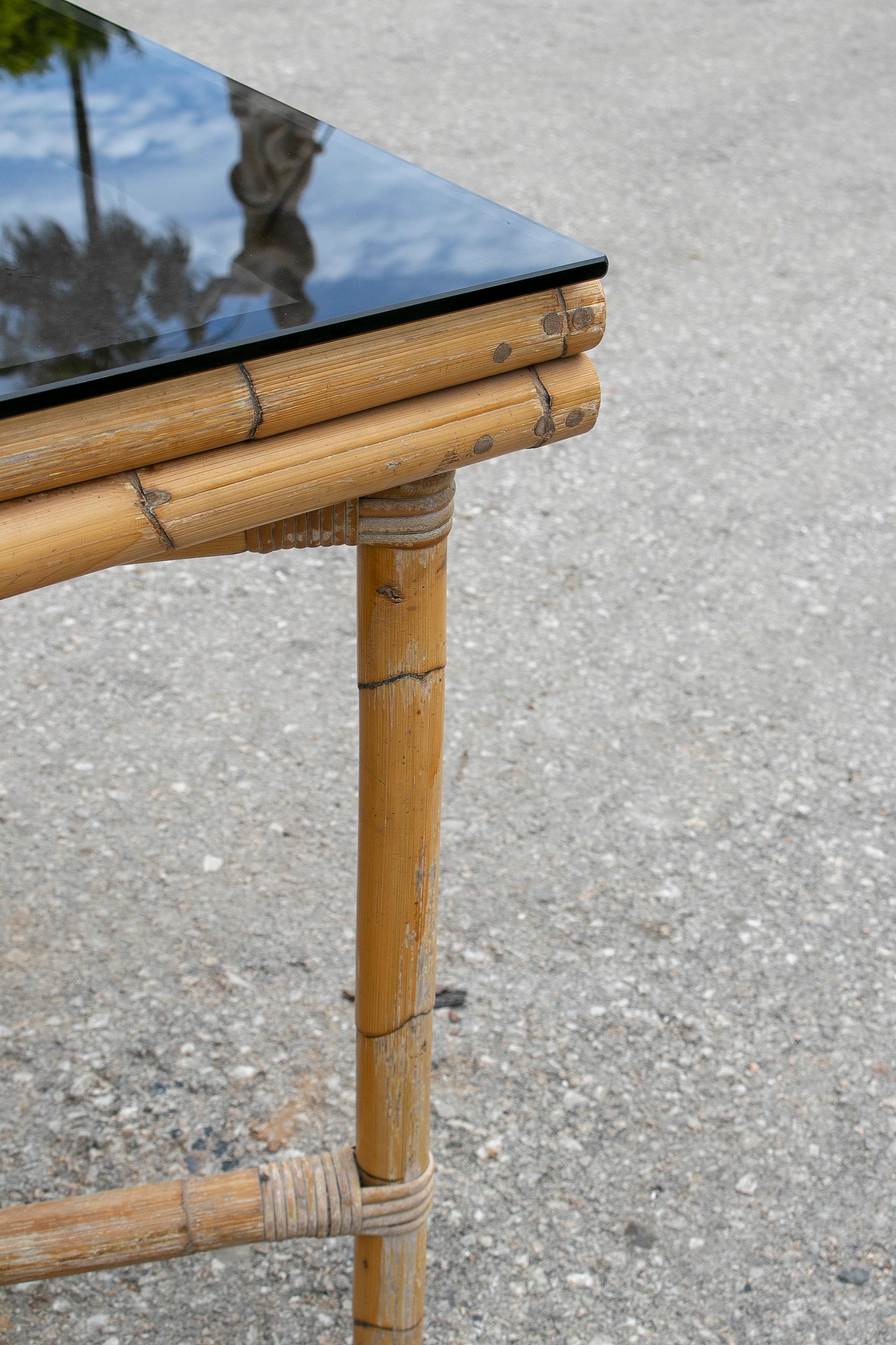 1970s Spanish Bamboo Table with Original Glass Top For Sale 8