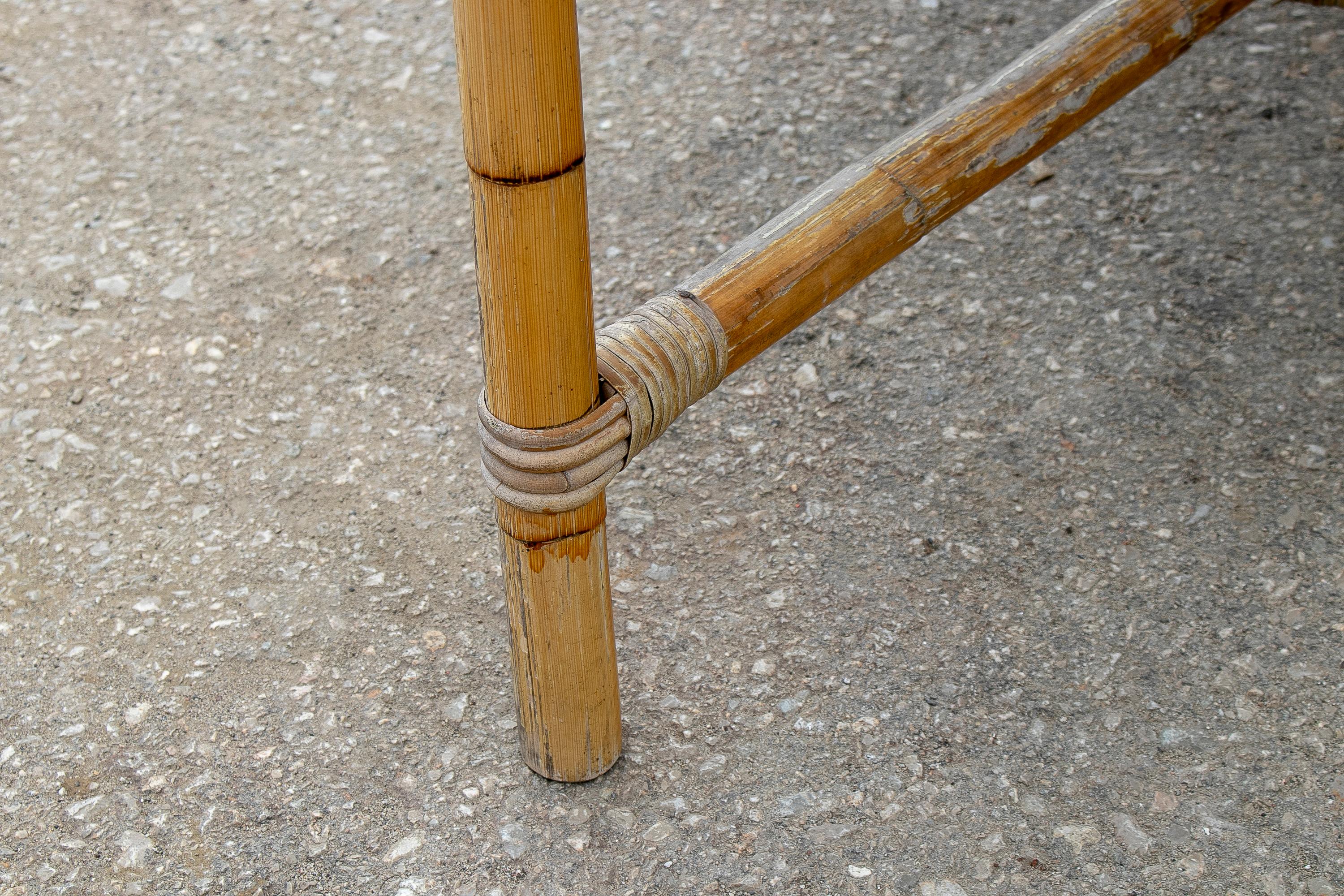 1970s Spanish Bamboo Table with Original Glass Top For Sale 11