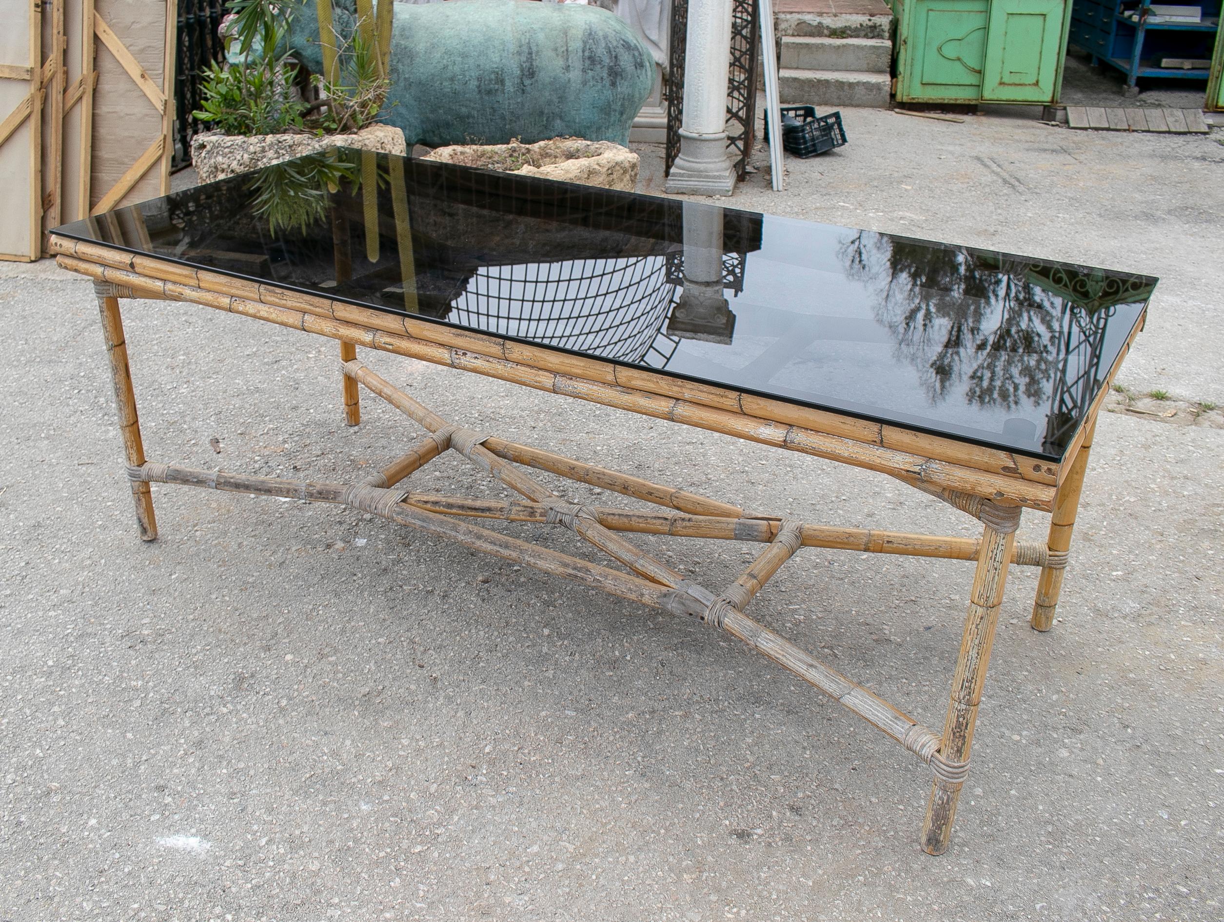 1970s Spanish Bamboo Table with Original Glass Top In Good Condition For Sale In Marbella, ES