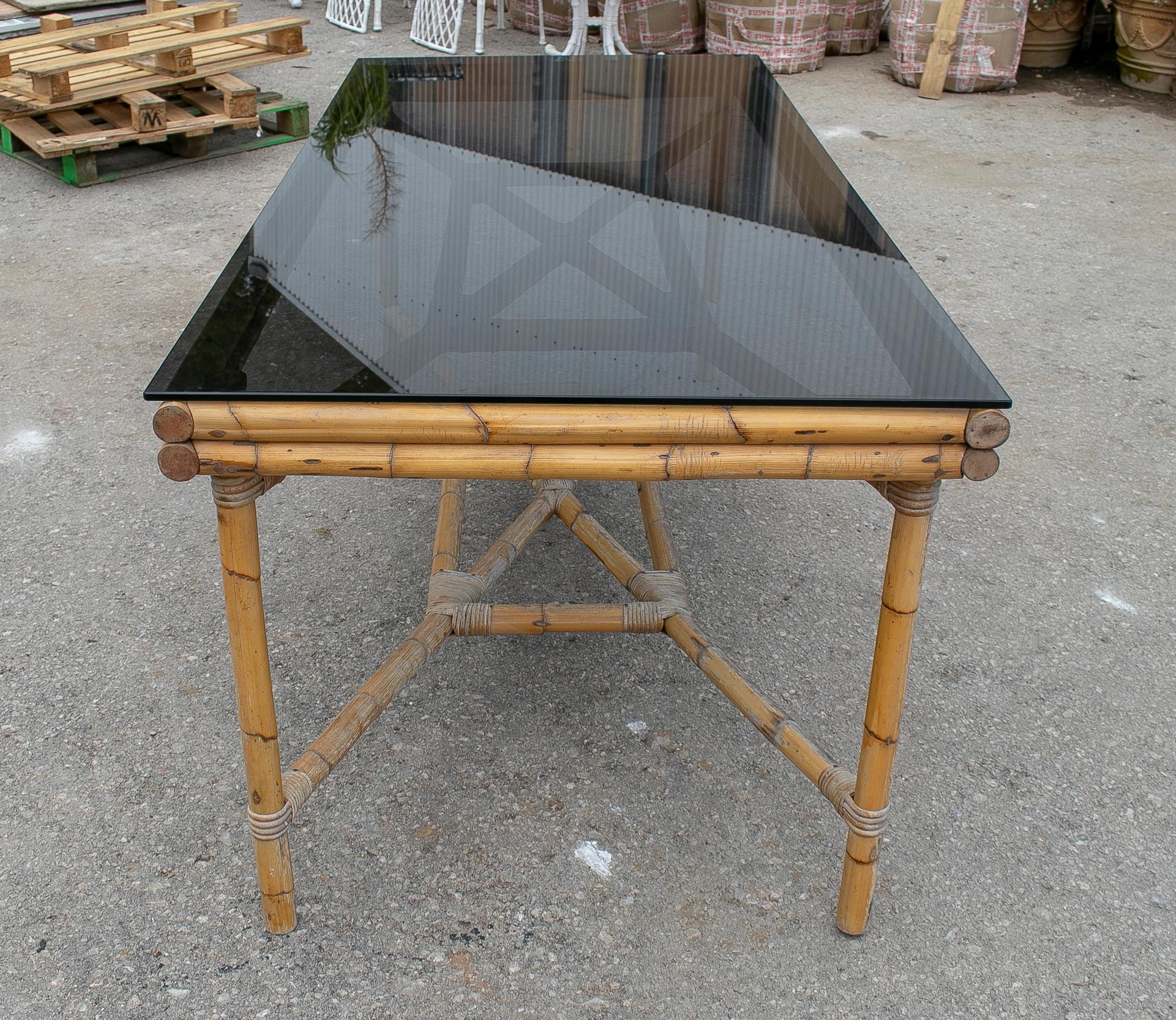 20th Century 1970s Spanish Bamboo Table with Original Glass Top For Sale