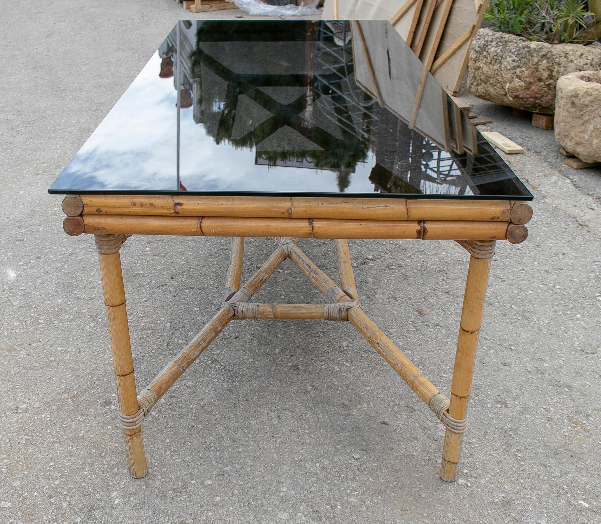 1970s Spanish Bamboo Table with Original Glass Top For Sale 1
