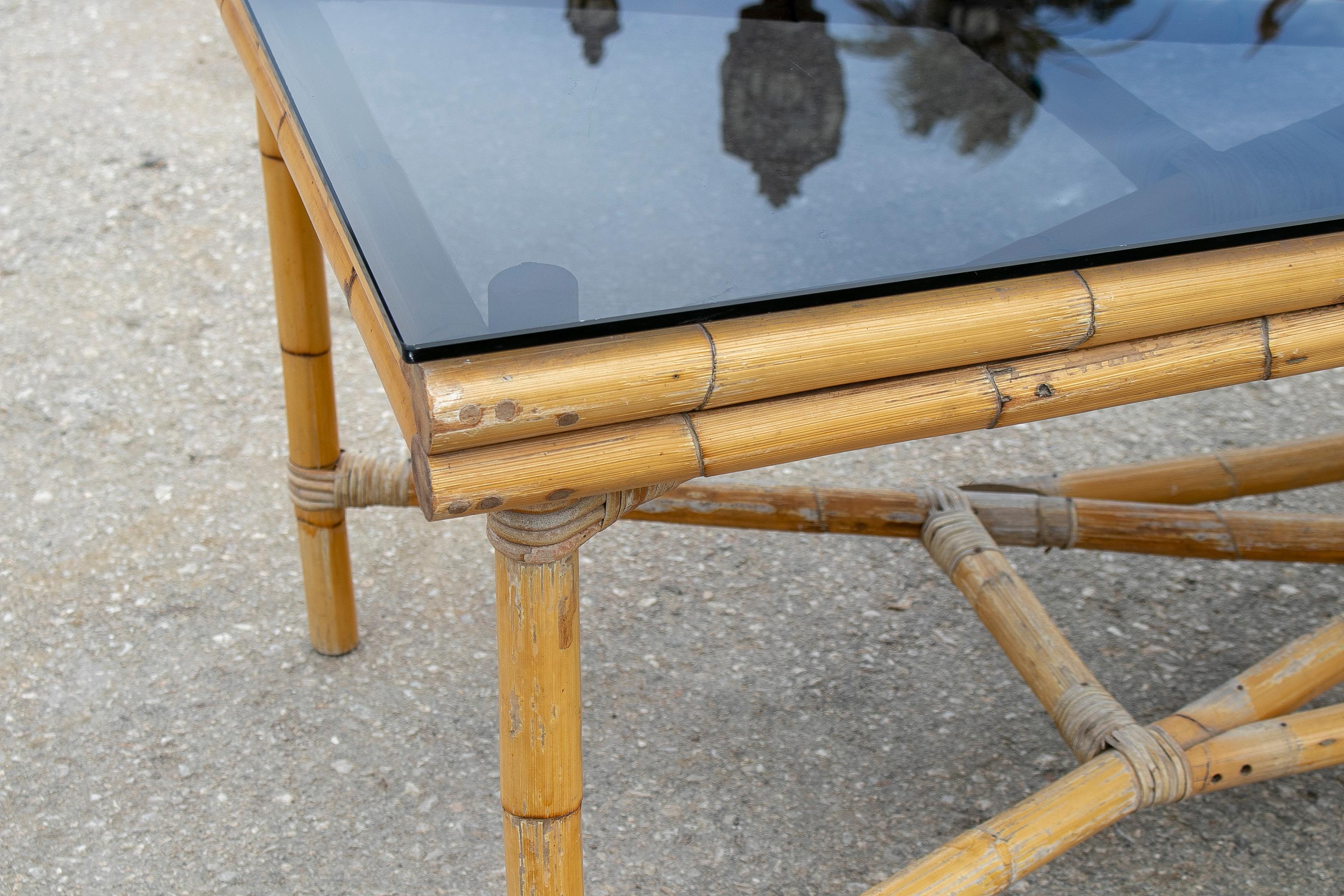 1970s Spanish Bamboo Table with Original Glass Top For Sale 3