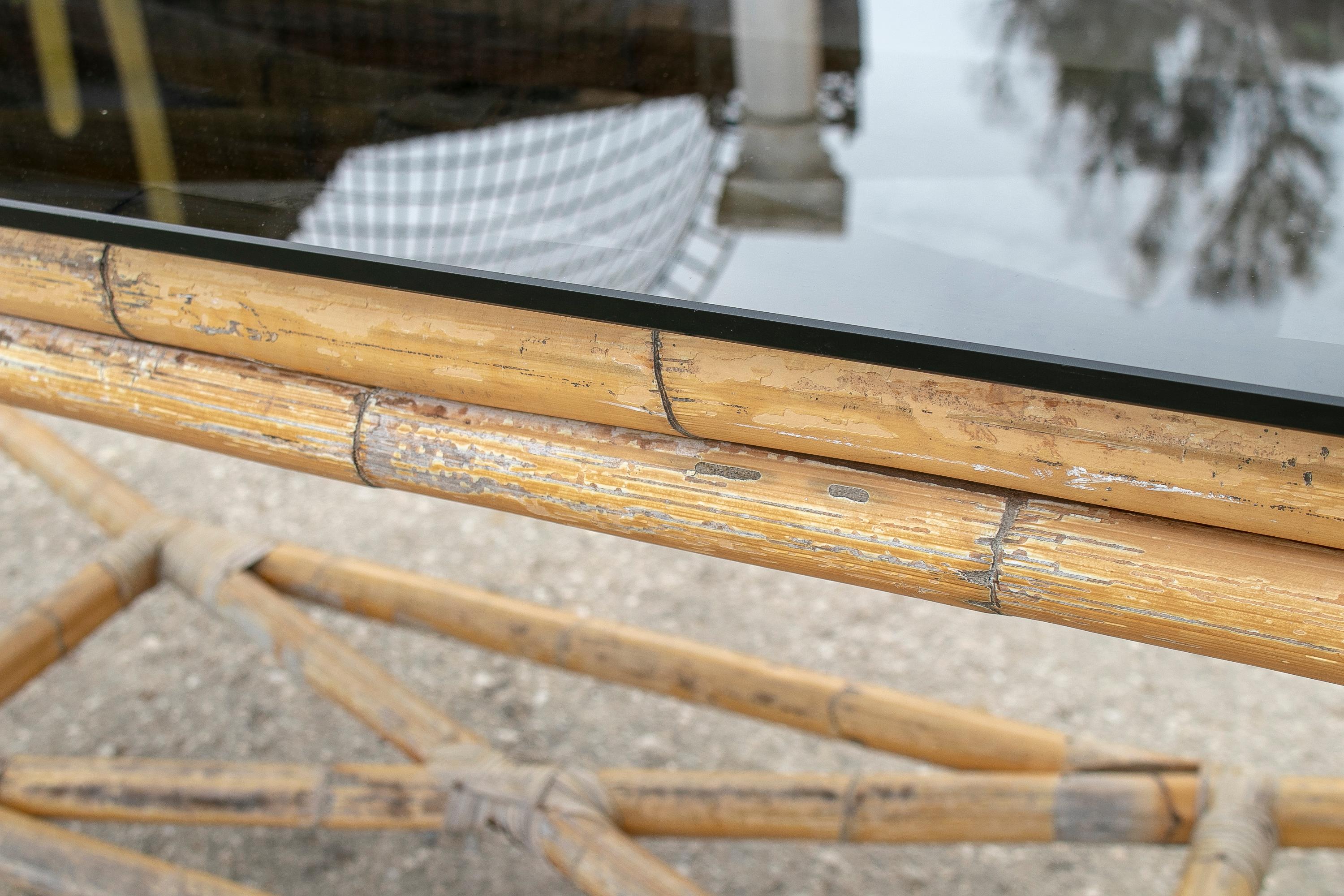 1970s Spanish Bamboo Table with Original Glass Top For Sale 5