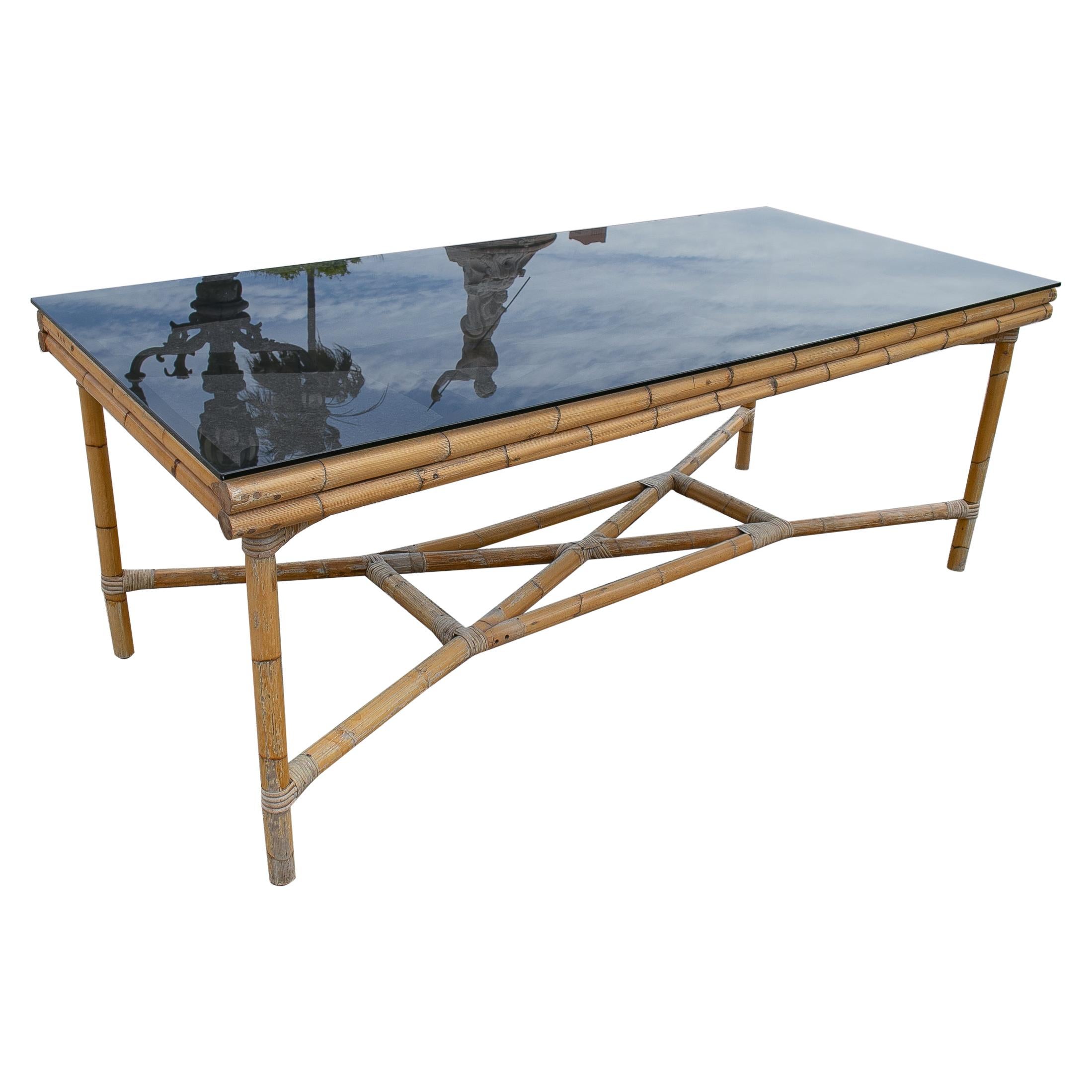 1970s Spanish Bamboo Table with Original Glass Top