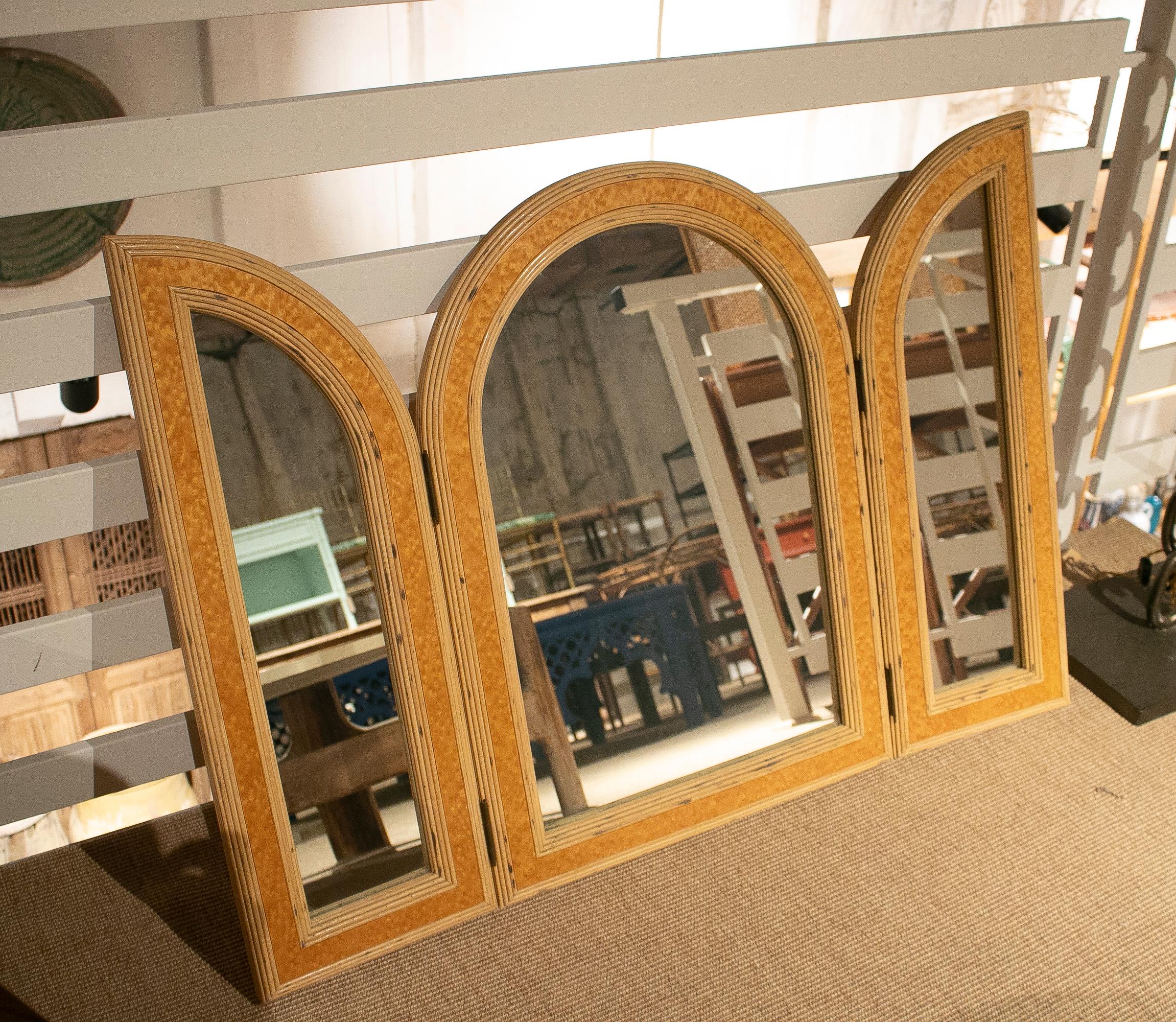 Vintage 1970s Spanish bamboo triple folding mirror.