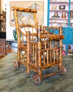 1970s Spanish Bamboo Wheeled Children's Trolley