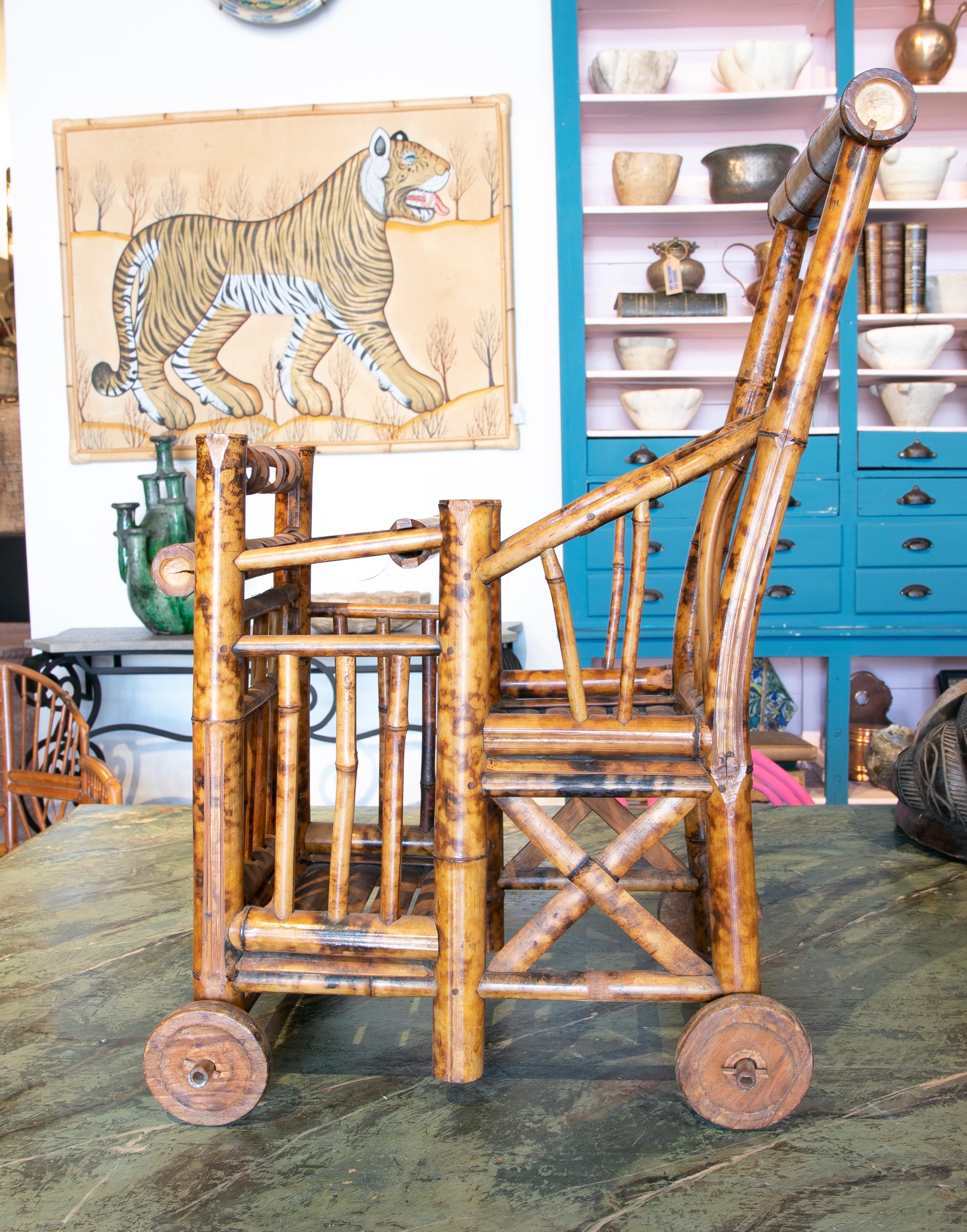 20th Century 1970s Spanish Bamboo Wheeled Children's Trolley For Sale