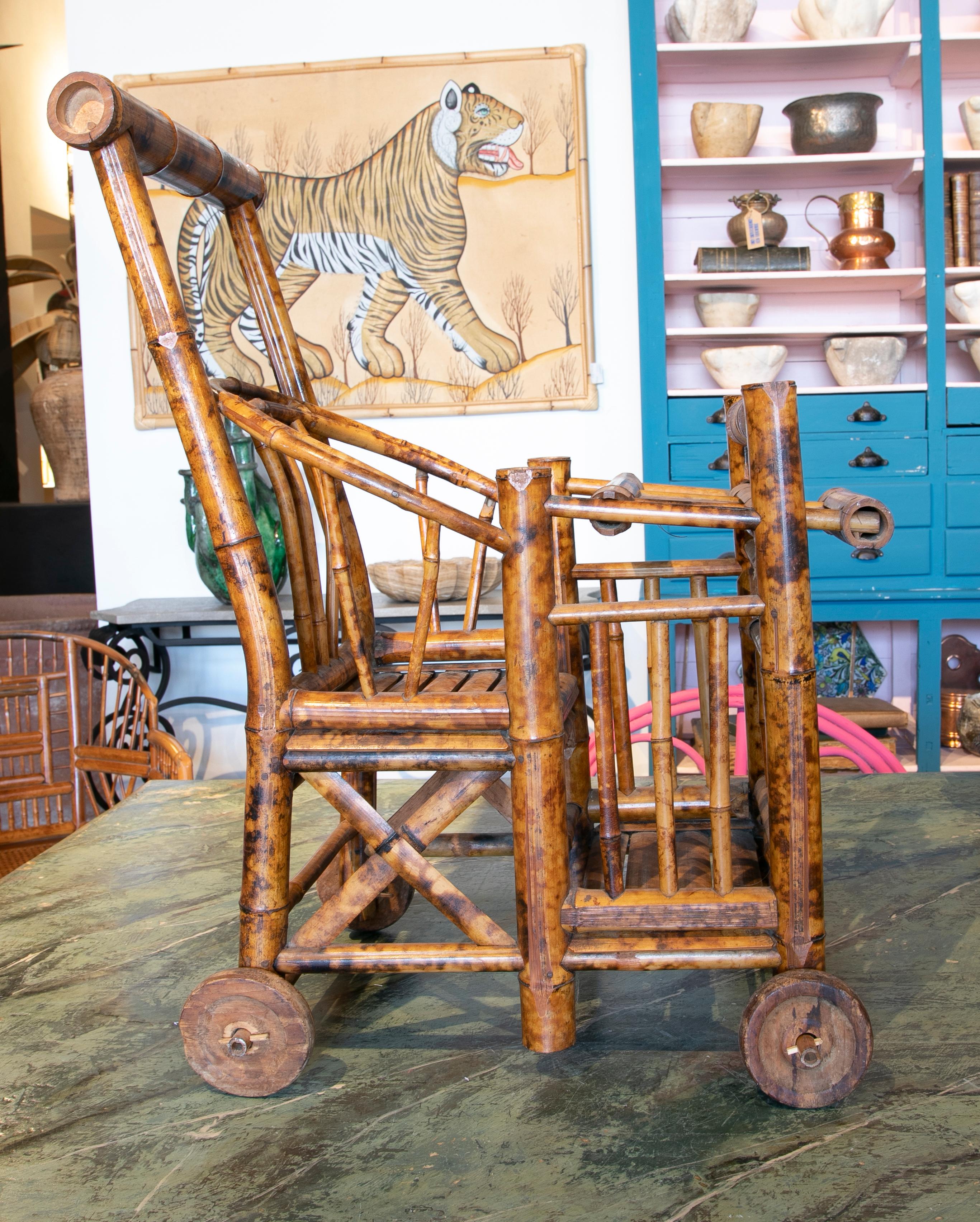 1970s Spanish Bamboo Wheeled Children's Trolley For Sale 3