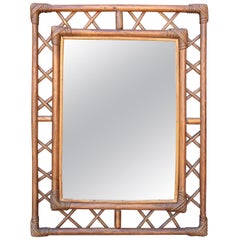 1970s Spanish Bamboo, Wood and Wicker Rectangular Mirror