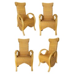 1970s Spanish Bamboo 
Woven Wicker Set of 4 Armchairs