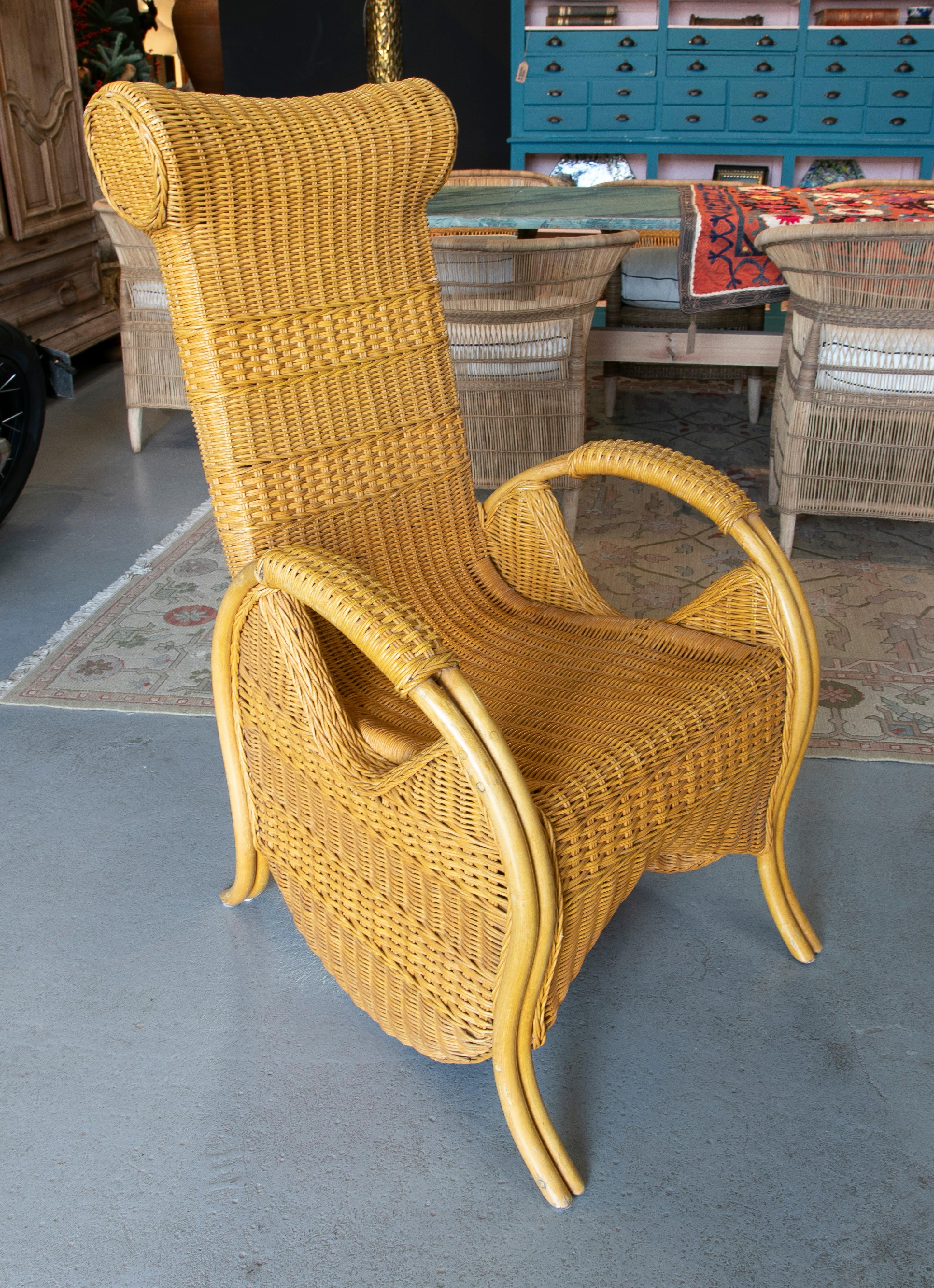 1970s Spanish Bamboo & Woven Wicker Set of 4 Armchairs & Glass Table 7