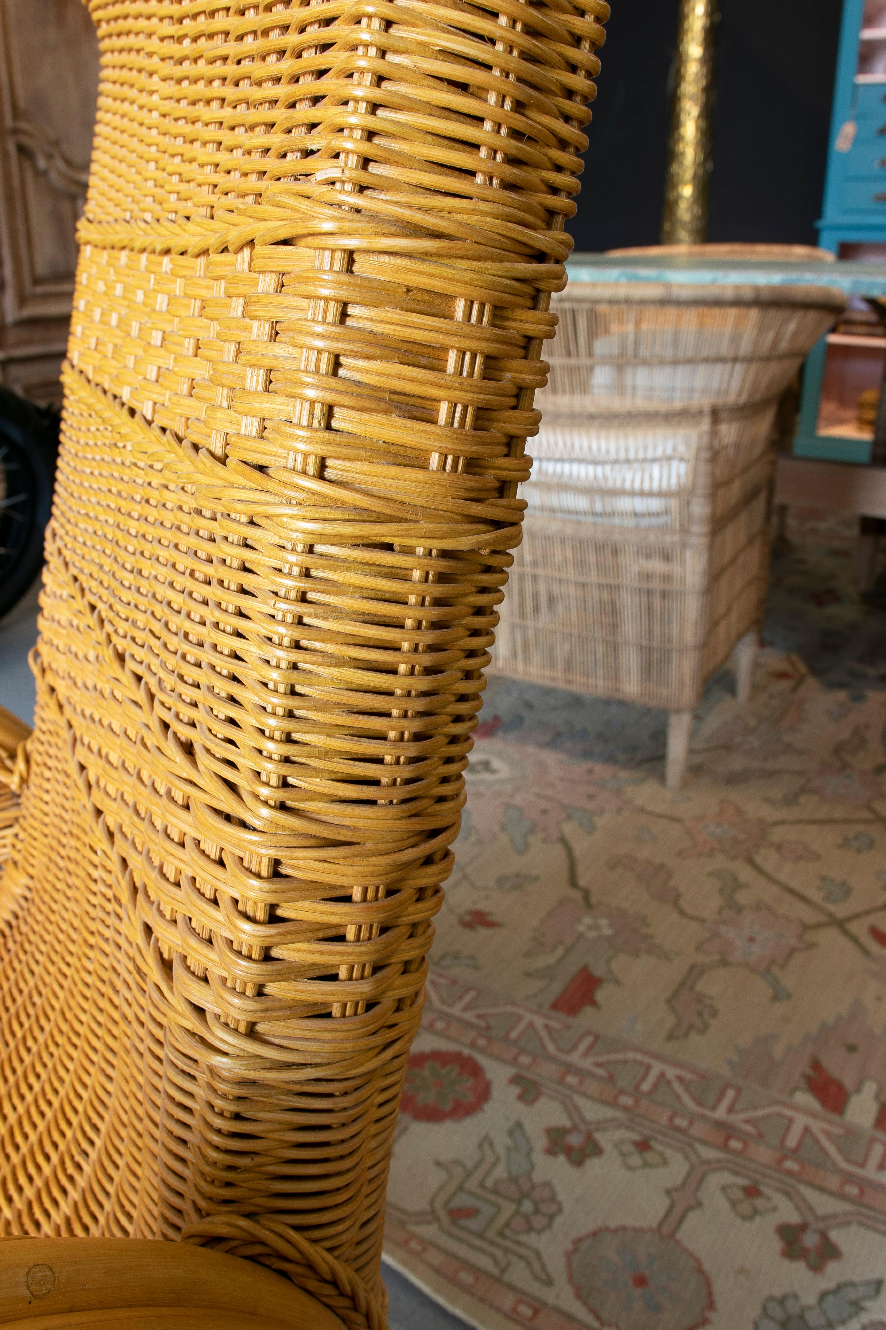 1970s Spanish Bamboo & Woven Wicker Set of 4 Armchairs & Glass Table 10