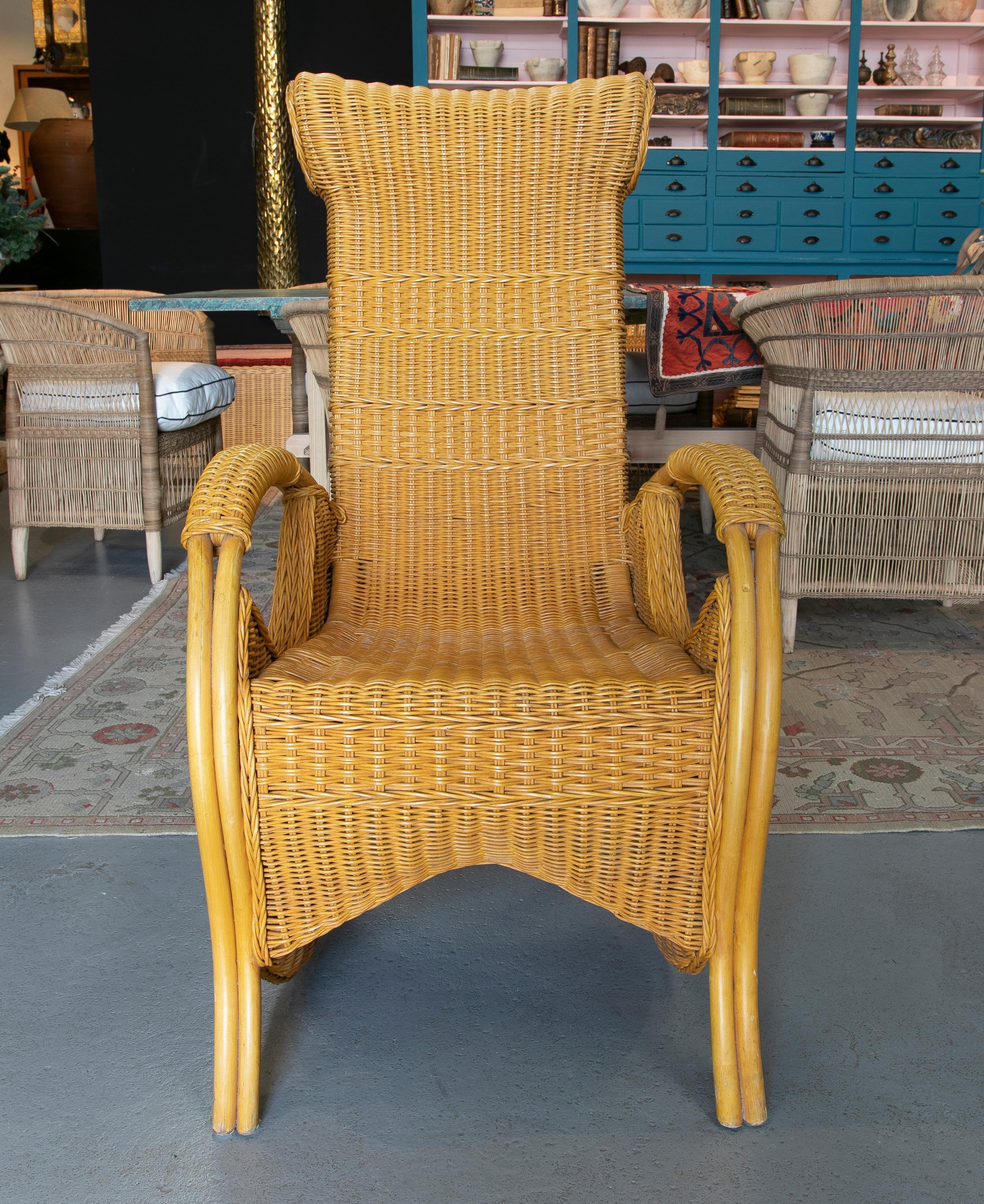 1970s Spanish Bamboo & Woven Wicker Set of 4 Armchairs & Glass Table 1