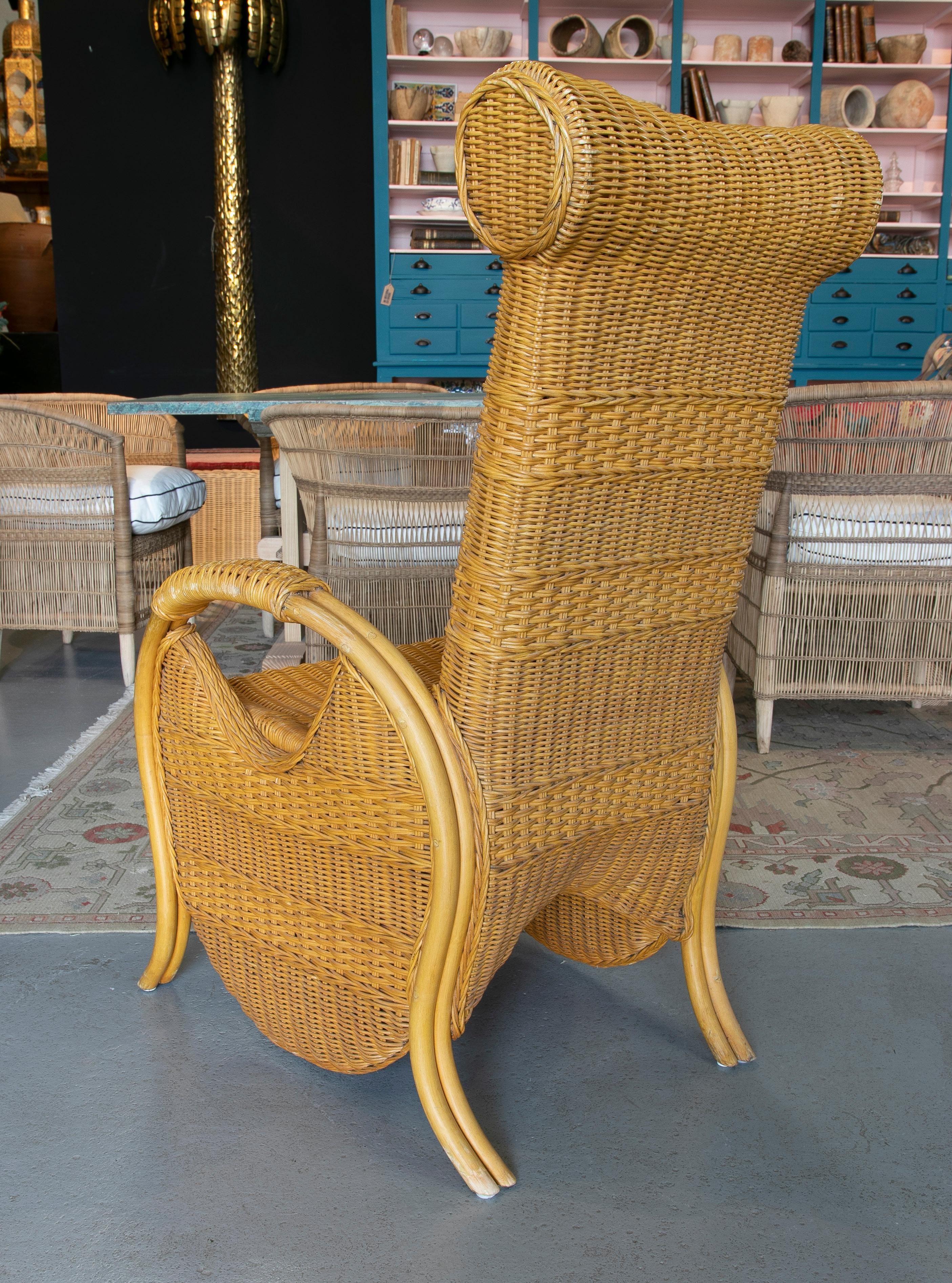 1970s Spanish Bamboo & Woven Wicker Set of 4 Armchairs & Glass Table 4