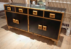 1970s Spanish Black Bamboo and Formica Sideboard with Drawers and Doors