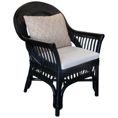 1970s Spanish Black Lacquered Wicker Armchair