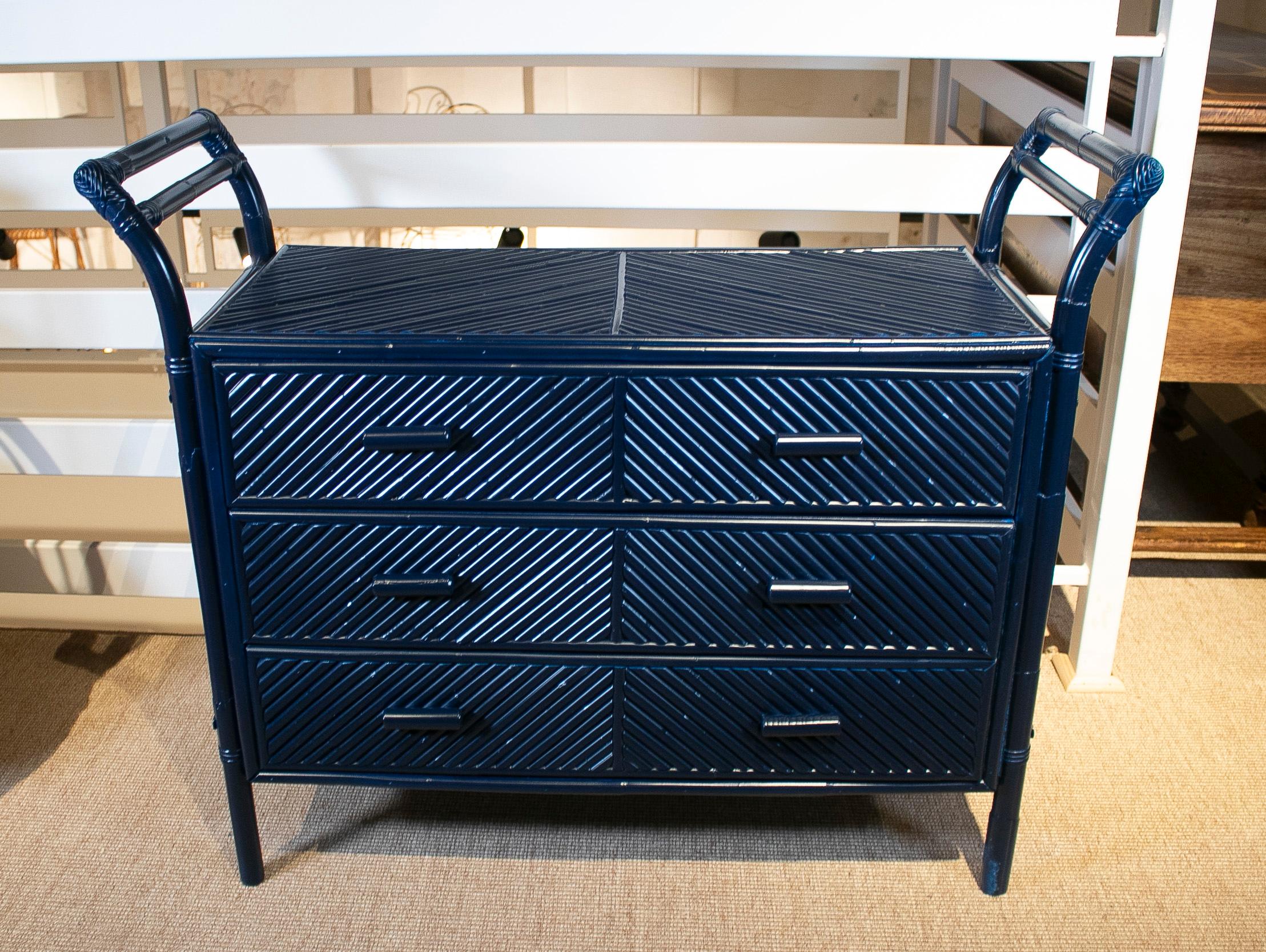 1970s Spanish blue 3-drawer bamboo and wicker chest.