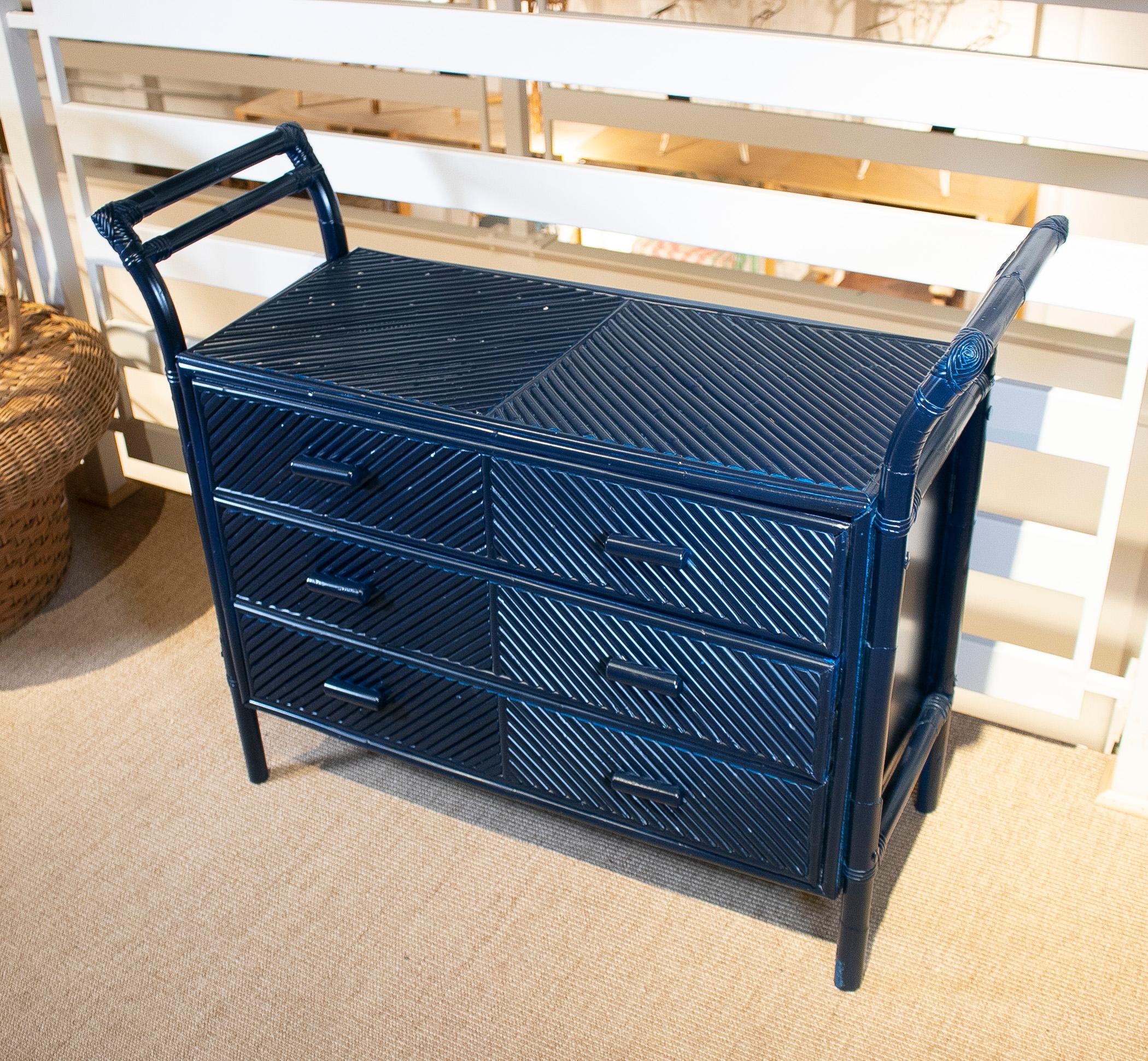 1970s Spanish Blue 3-Drawer Bamboo and Wicker Chest  In Good Condition In Marbella, ES