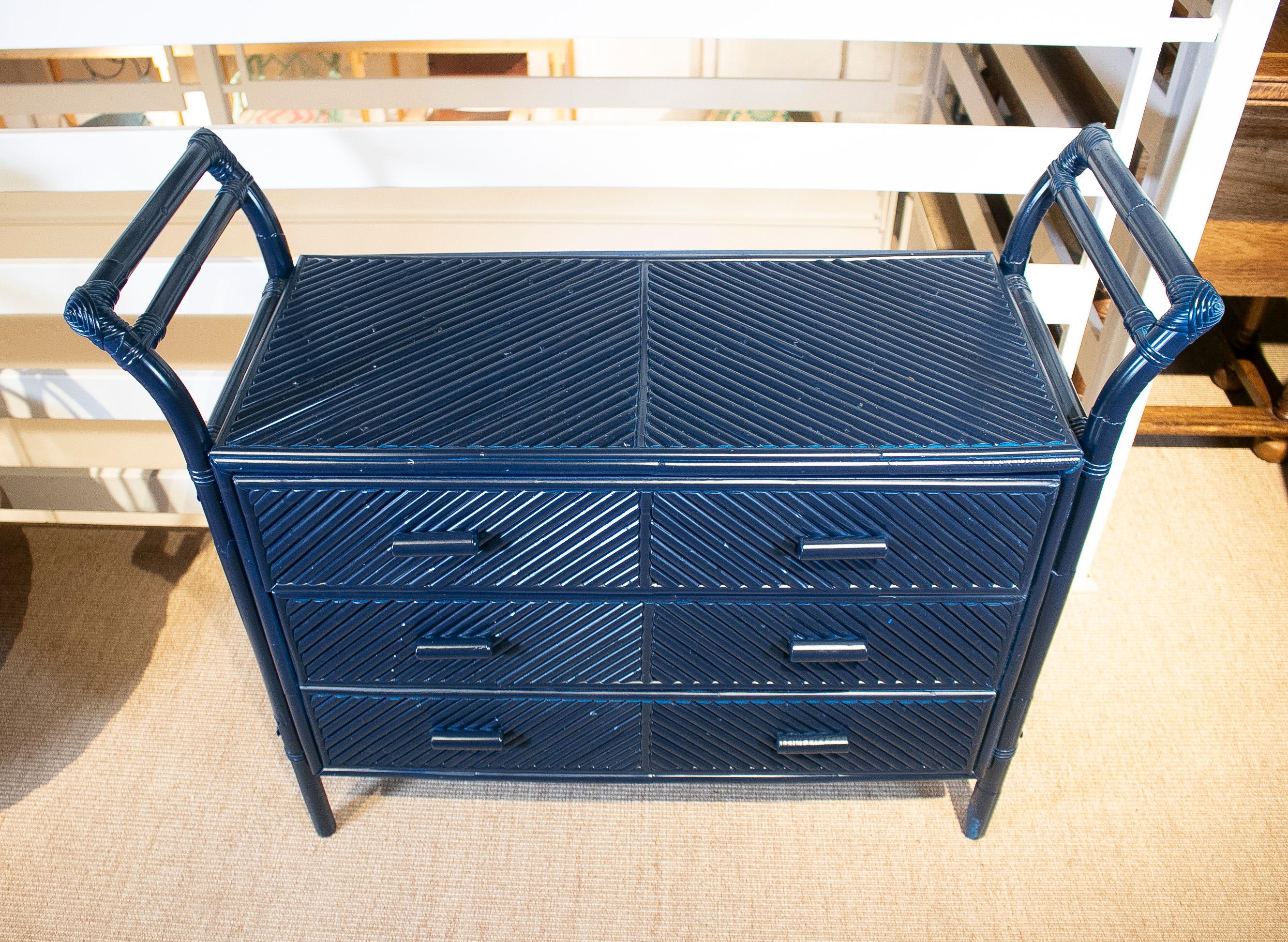 20th Century 1970s Spanish Blue 3-Drawer Bamboo and Wicker Chest 