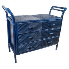 1970s Spanish Blue 3-Drawer Bamboo and Wicker Chest