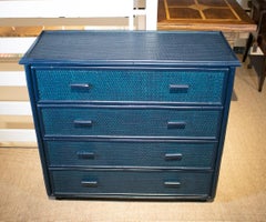 1970s Spanish Blue 4-Drawer Bamboo and Wicker Chest