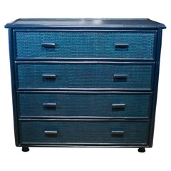 1970s Spanish Blue 4-Drawer Bamboo and Wicker Chest