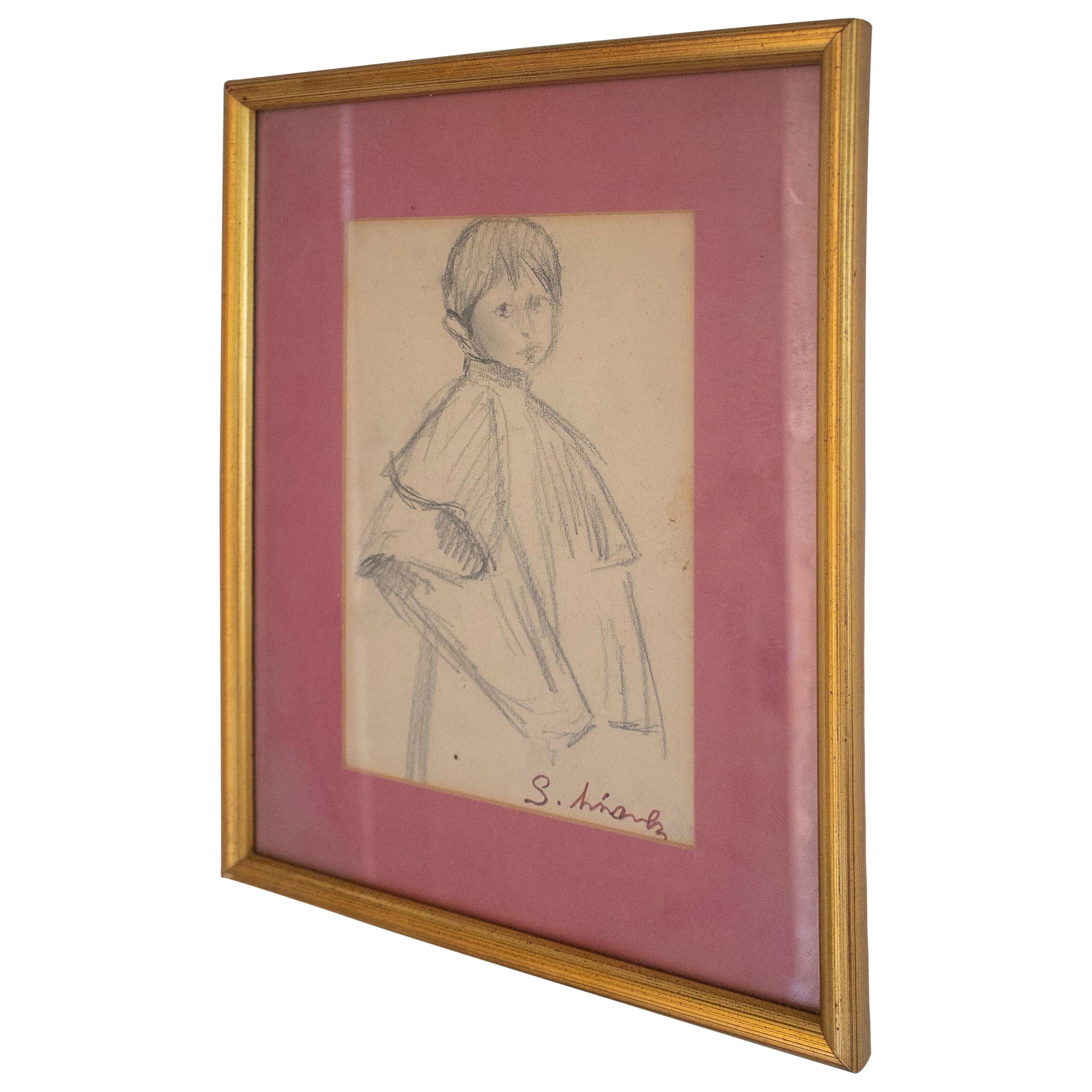 Portrait espagnol d'un garçon dessiné au crayon, encadré et signé, années 1970