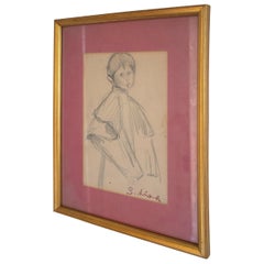 1970s Spanish Boy Pencil Drawn Portrait Framed & Signed