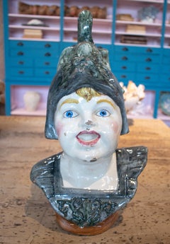 1970s Spanish Boy with Helmet Figure Painted "Botijo" Earthenware Water Jug