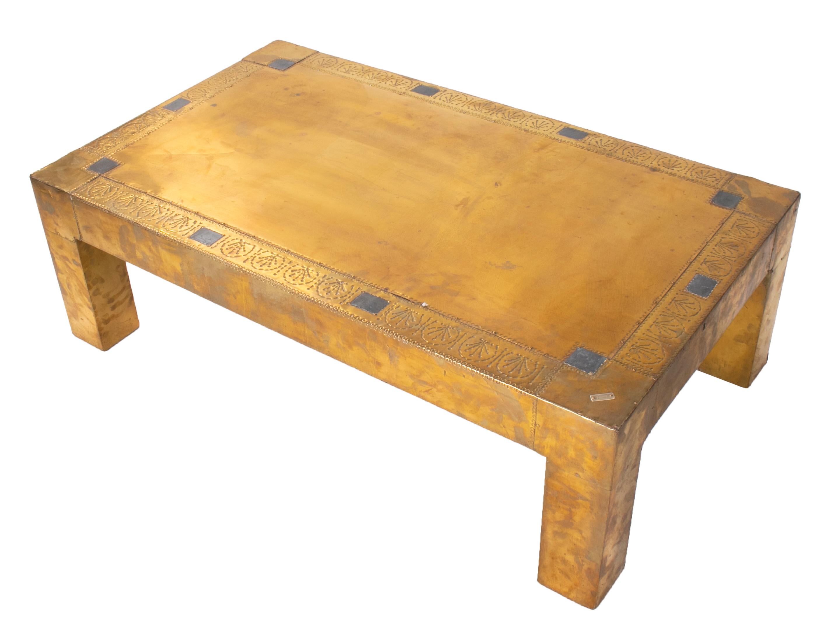 20th Century 1970s Spanish Brass Lined Wooden Coffee Table