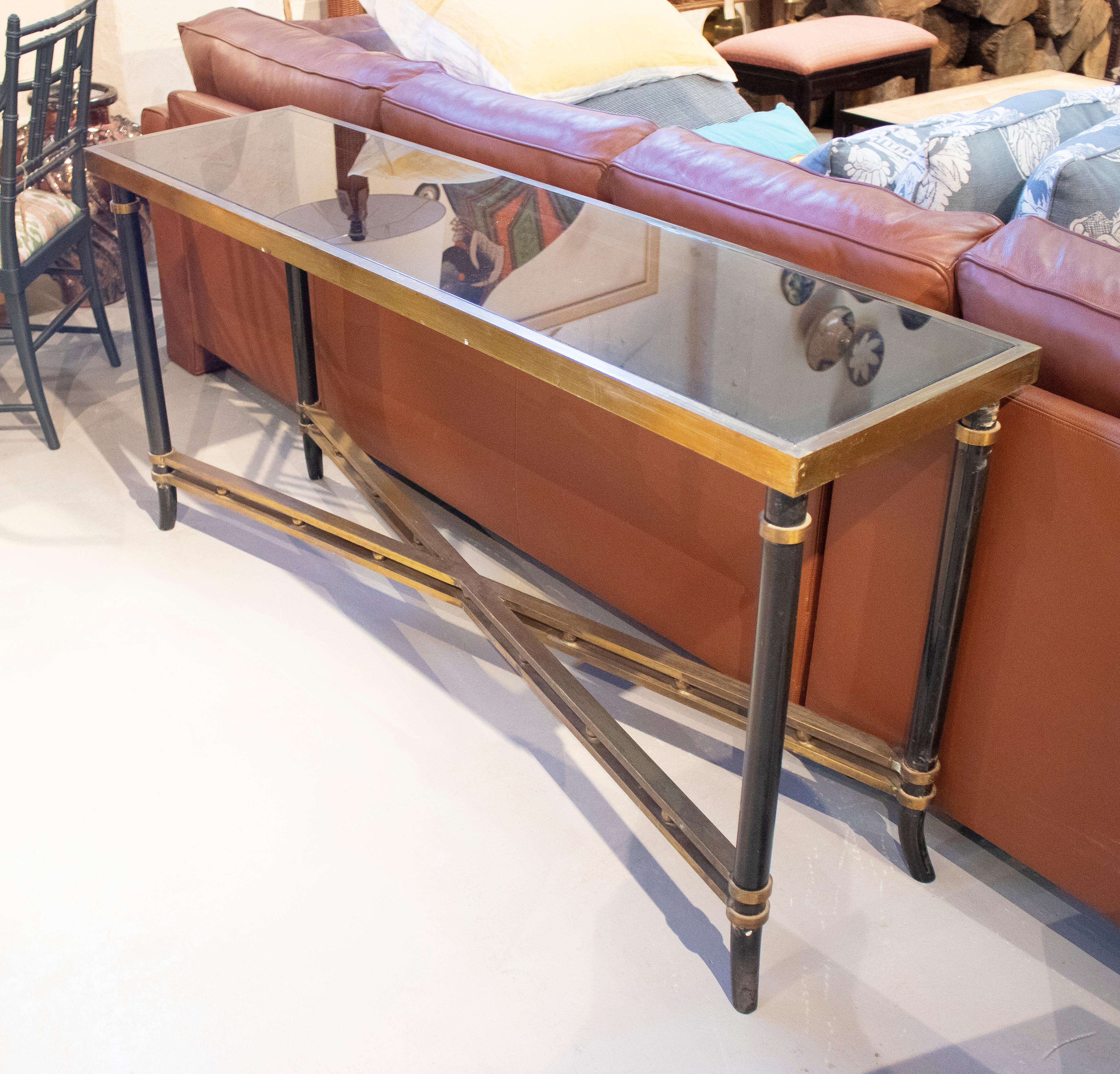 Vintage 1970s Spanish 2-tone bronze and iron console table, with glass top.

 