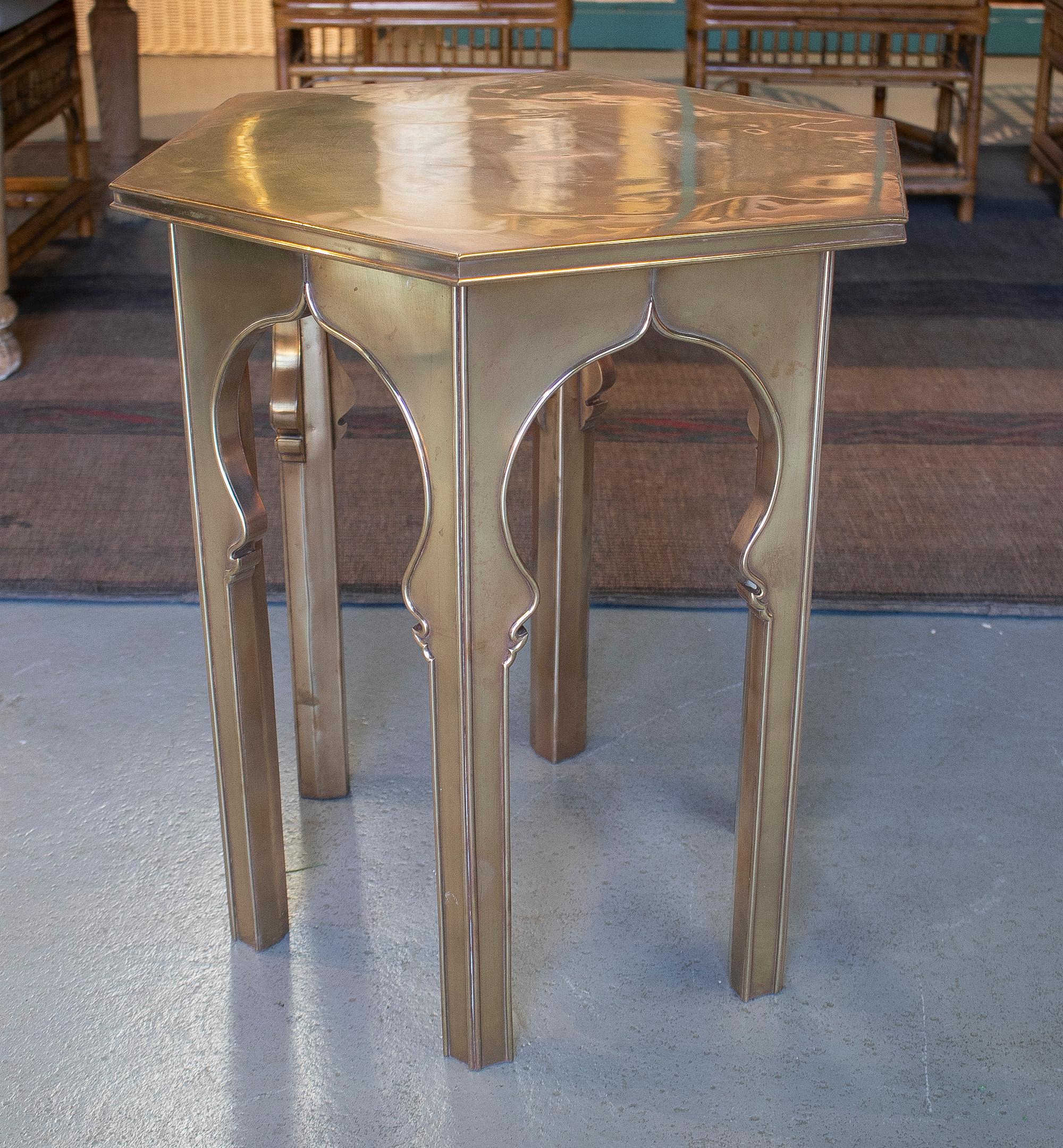1970s Spanish bronze lined hexagonal side table in Arabesque style.