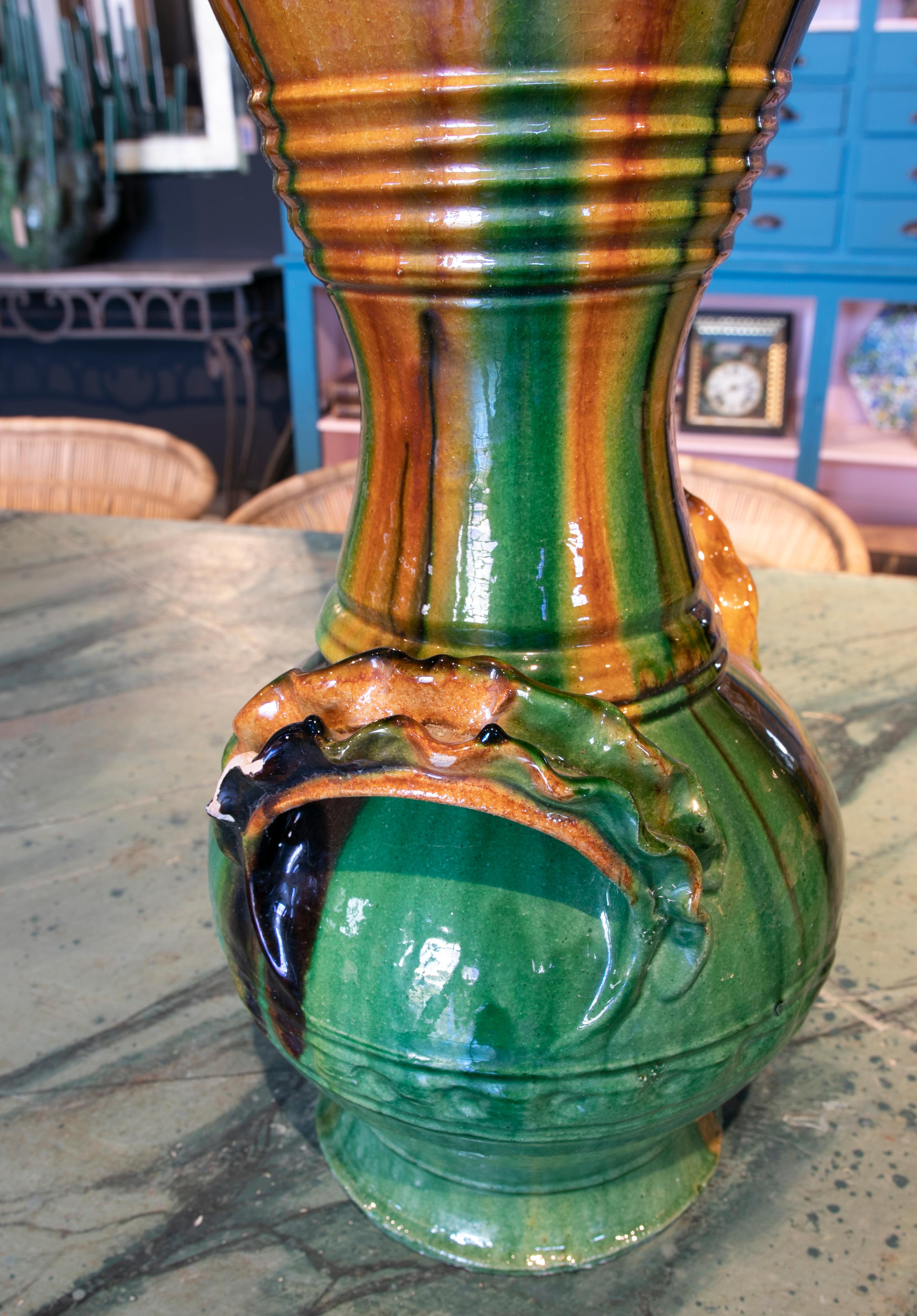 1970s Spanish Brown & Green Glazed Terracotta Ceramic Vase w/ Handles 6